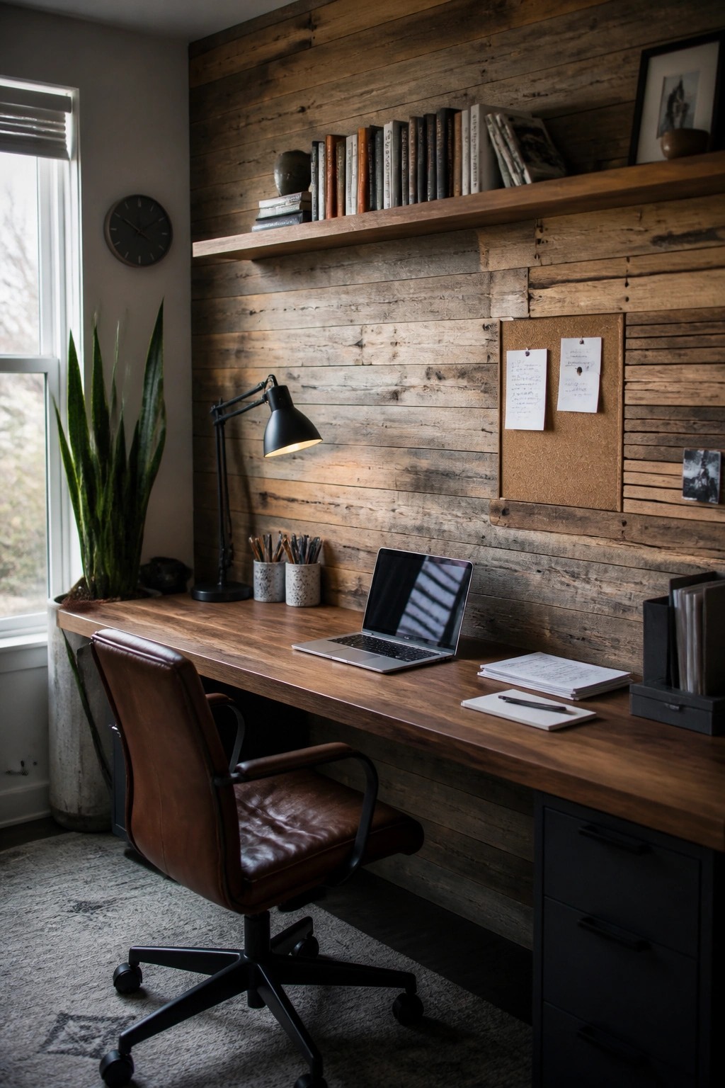 A home office featuring a long wooden desk against a wall of horizontal reclaimed wood planks, with a laptop, desk lamp, and a brown leather office chair in front.