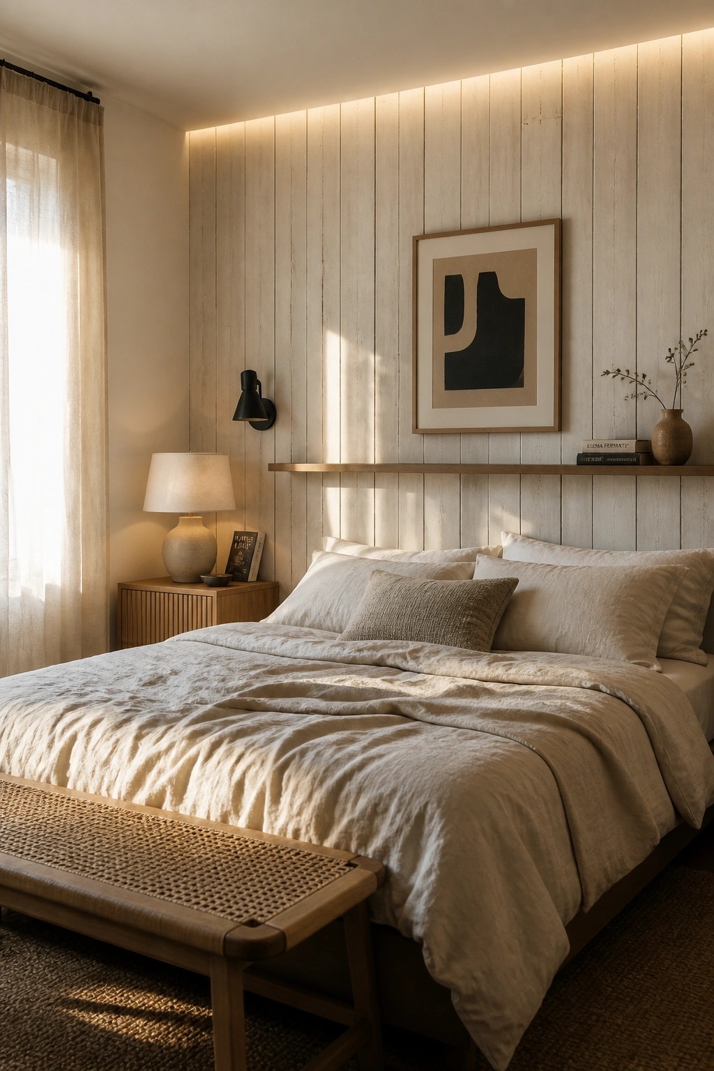 A bedroom featuring a bed with neutral linens against a vertical light wood plank accent wall, with a framed abstract print above a narrow shelf.