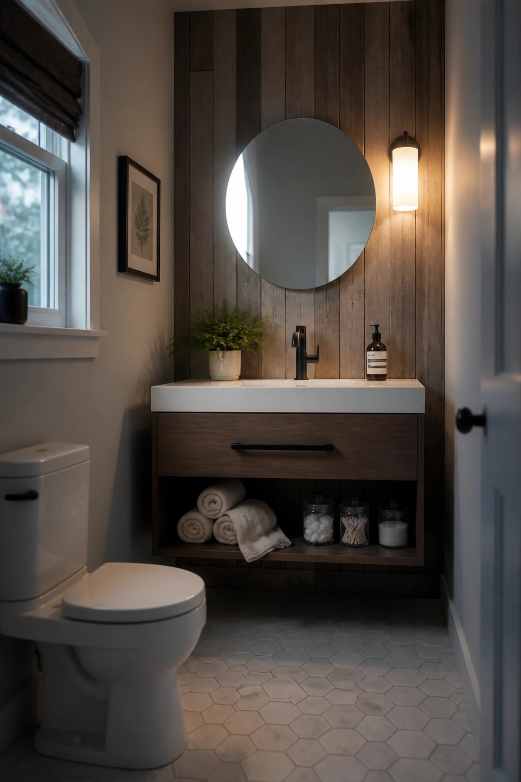Modern bathroom with floating vanity, round mirror, white toilet, and hexagonal tiles.