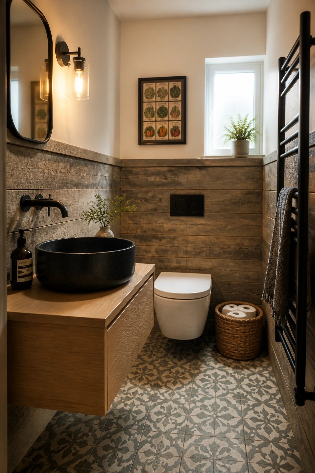 A bathroom with horizontal wood plank walls on the lower half, a floating wooden vanity with black vessel sink, white toilet, patterned tile floor, and a small window.