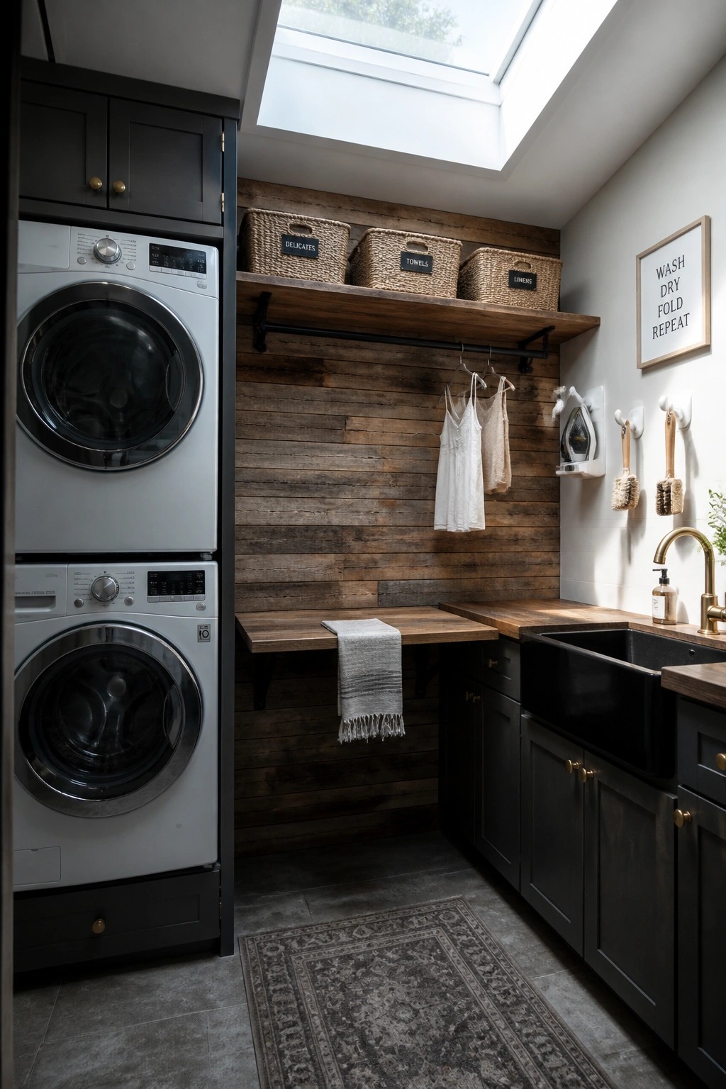 A laundry room with a dark wood plank accent wall, stacked washer and dryer, black sink, wooden counter, and woven baskets on a shelf above hanging garments.
