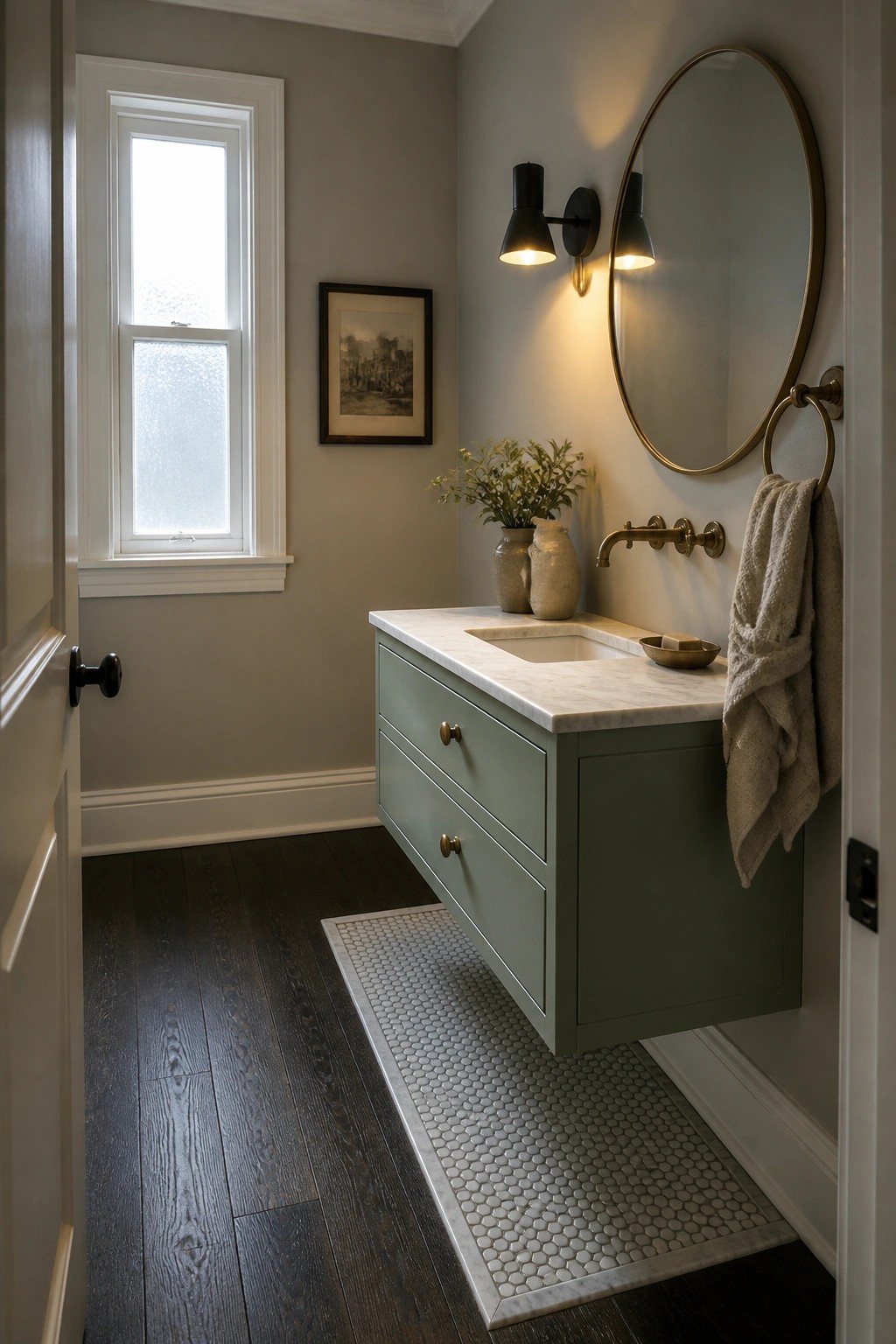 Modern bathroom with sage green floating vanity, round mirror, and marble sink.