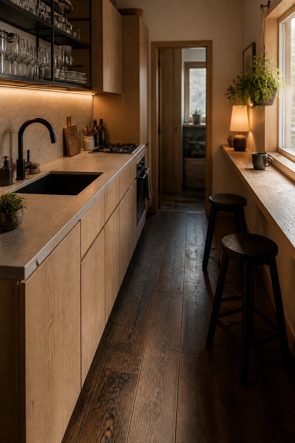 A long kitchen view showing light wood cabinets along one wall, a dark hardwood floor, black sink and faucet, and two dark stools near the window.