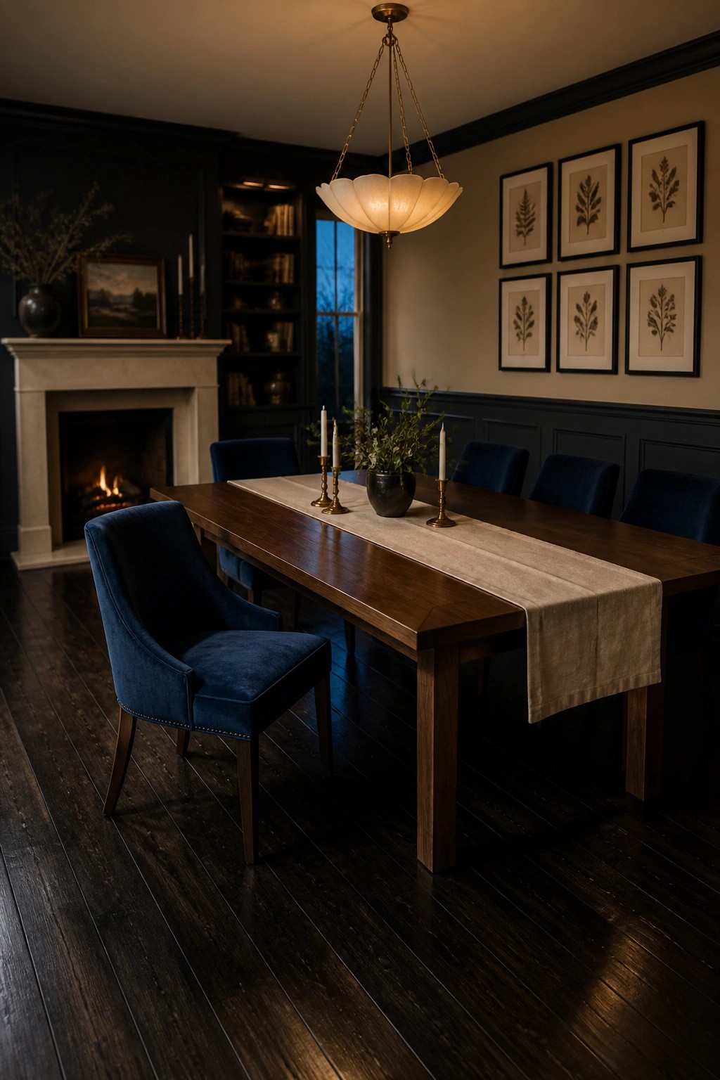 A dining room with dark wood flooring, a long wooden table, blue upholstered chairs, a fireplace, and dark built-in cabinetry along one wall.