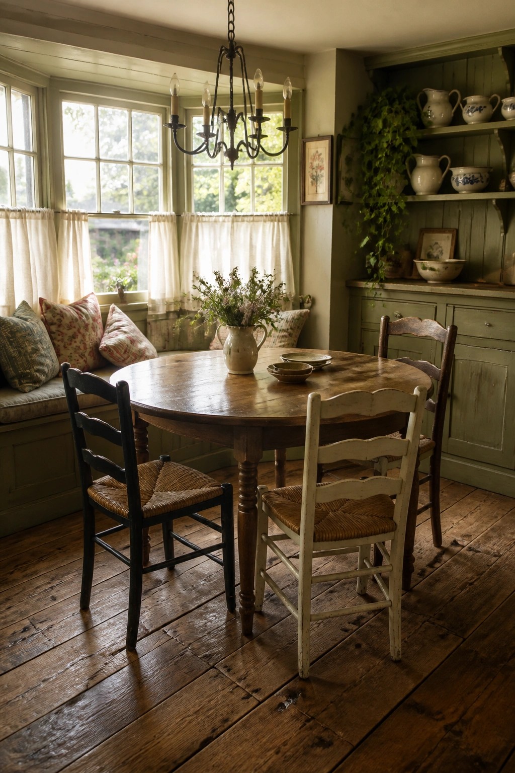 Rustic round table with mismatched chairs in a cottage dining nook with green shelves