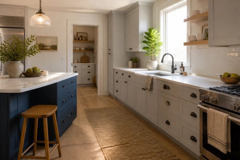 19 Balanced Wood Flooring Color Ideas for Coordinating Cabinets and Trim A kitchen with light oak flooring, light gray cabinets along the wall, a navy island, and a wooden stool.