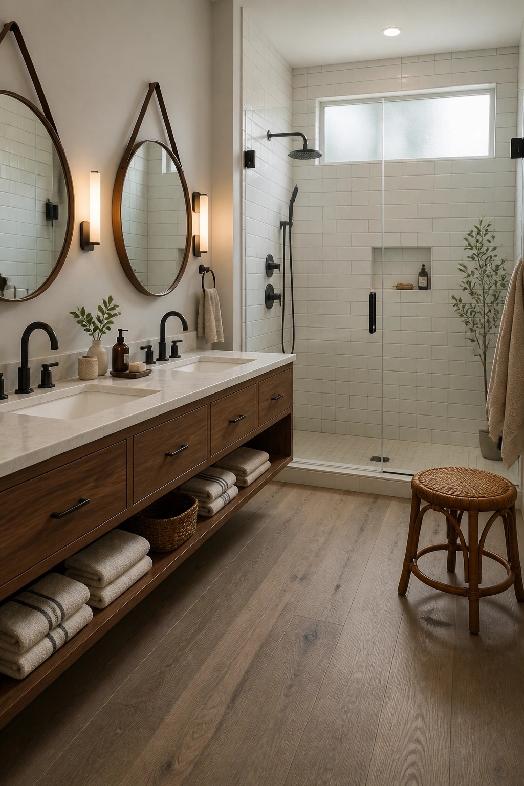 Modern bathroom with wooden double vanity, round mirrors, black fixtures, and tiled shower