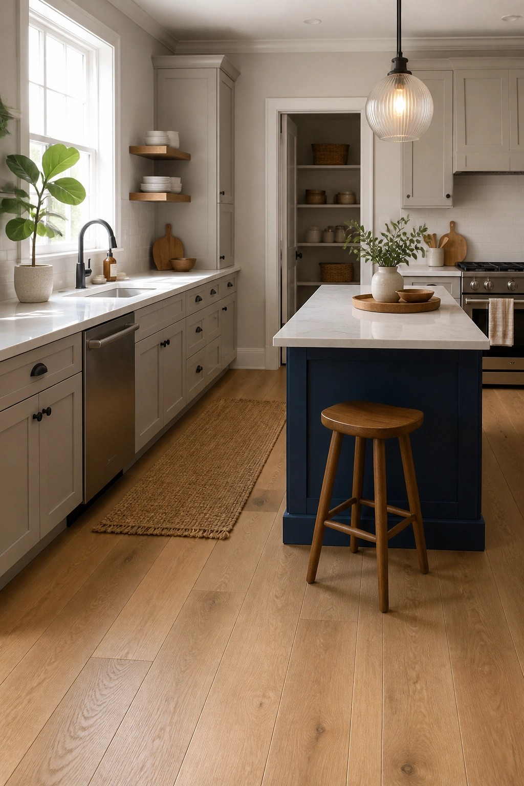 A kitchen with light oak flooring, light gray cabinets along the wall, a navy island, and a wooden stool.