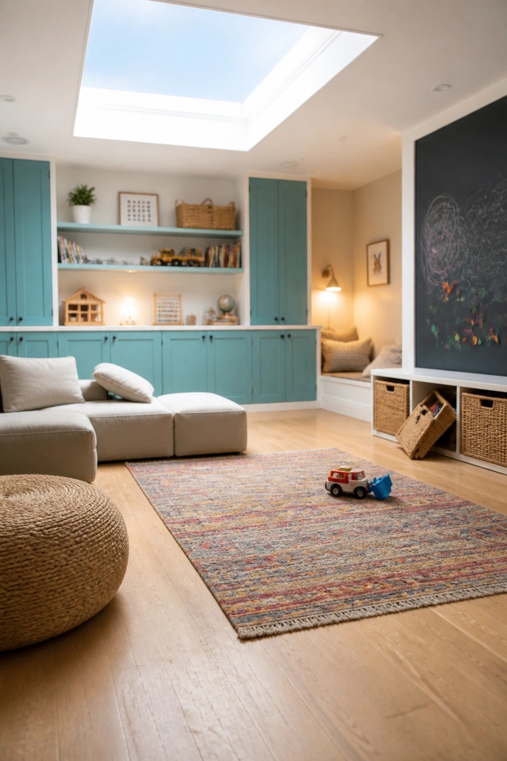 A bright children's playroom with light wood flooring, teal built-in cabinets and shelves, a colorful striped rug, and a few toys scattered on the floor.