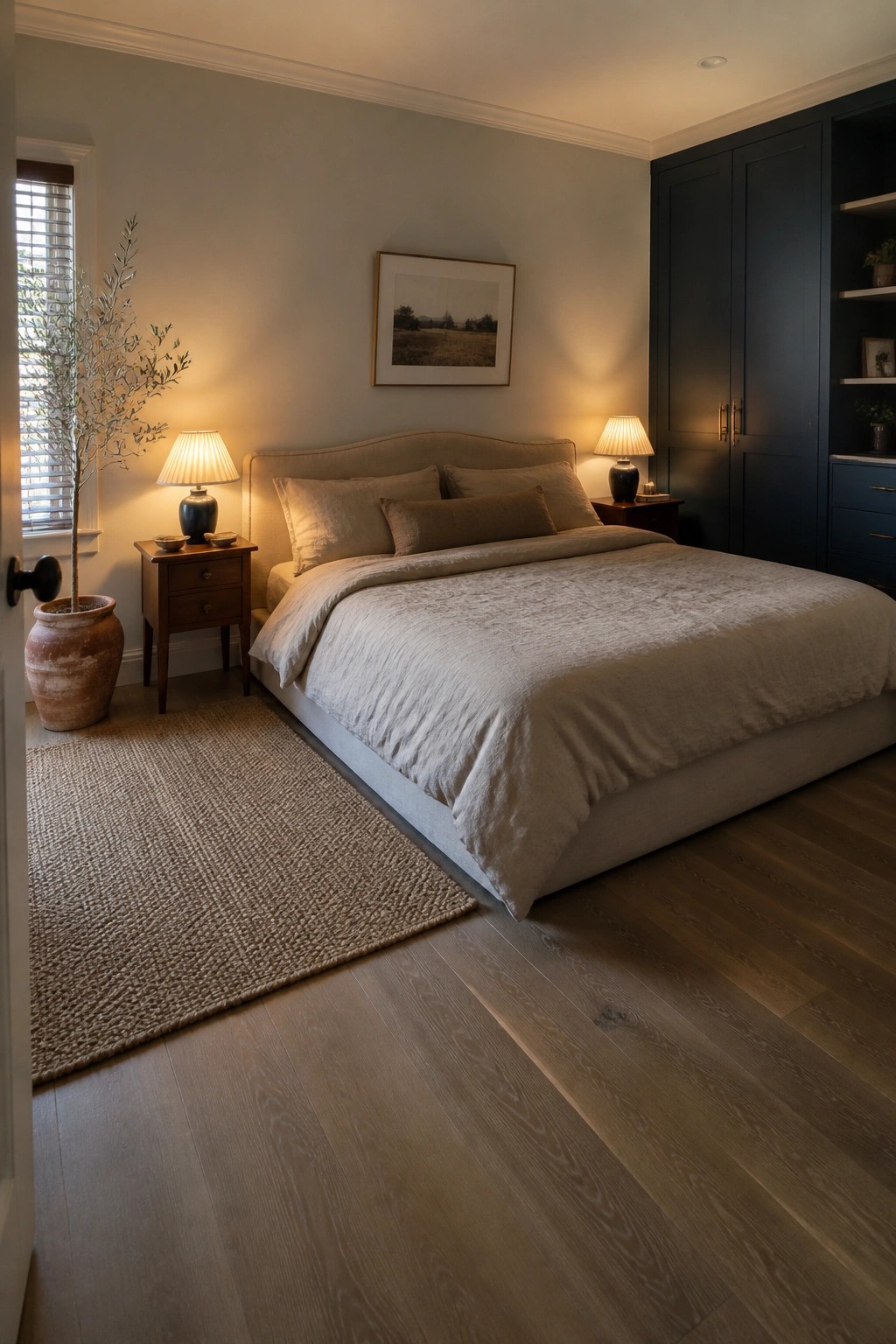 A bedroom with light wood flooring, a large bed with beige bedding, dark navy built-in cabinets along the right wall, and two wooden nightstands with lamps.