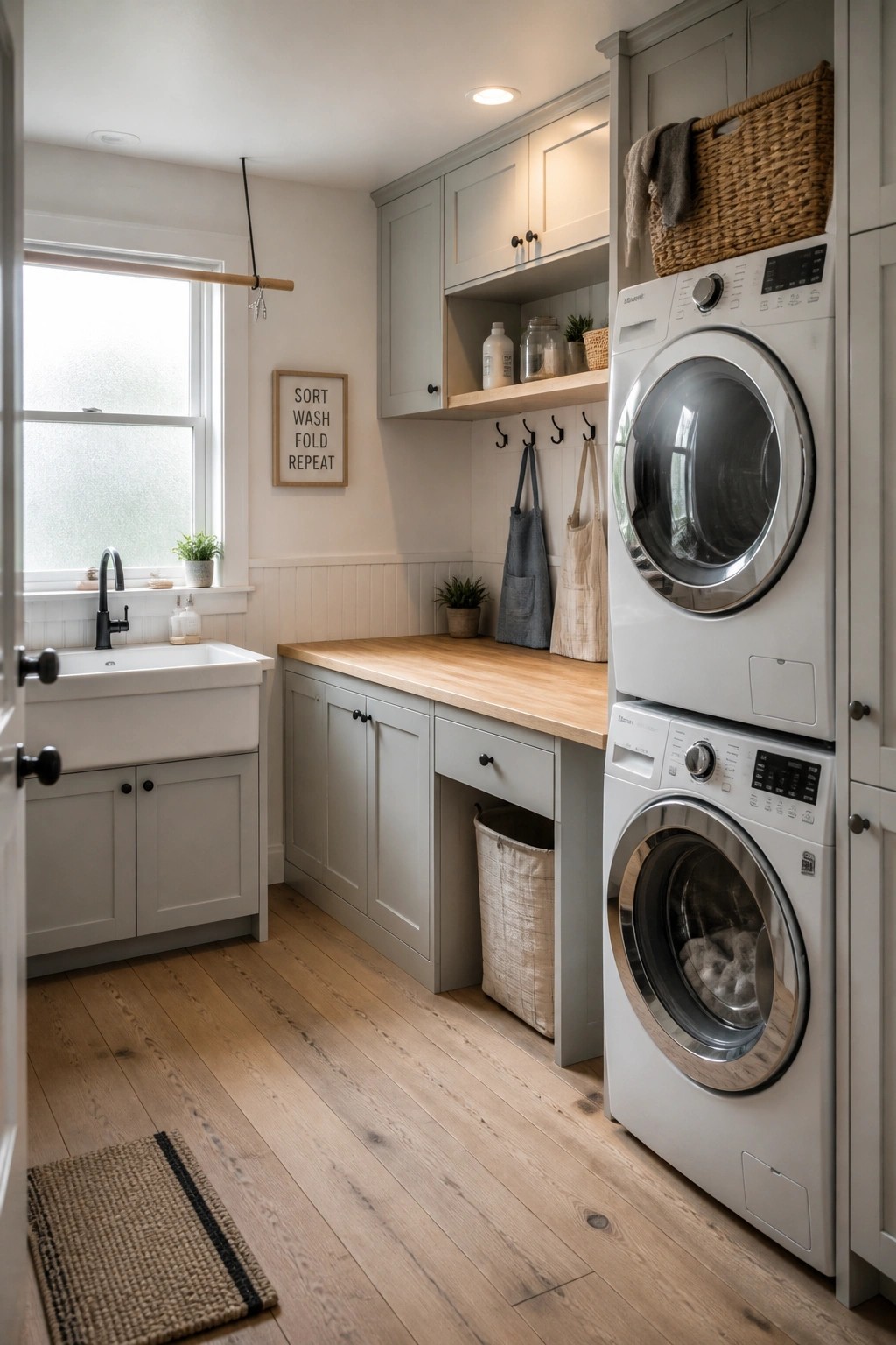 Laundry room interior showing light wood flooring, gray lower cabinets, a white farmhouse sink under a window, and a stacked white washer and dryer unit on the right.