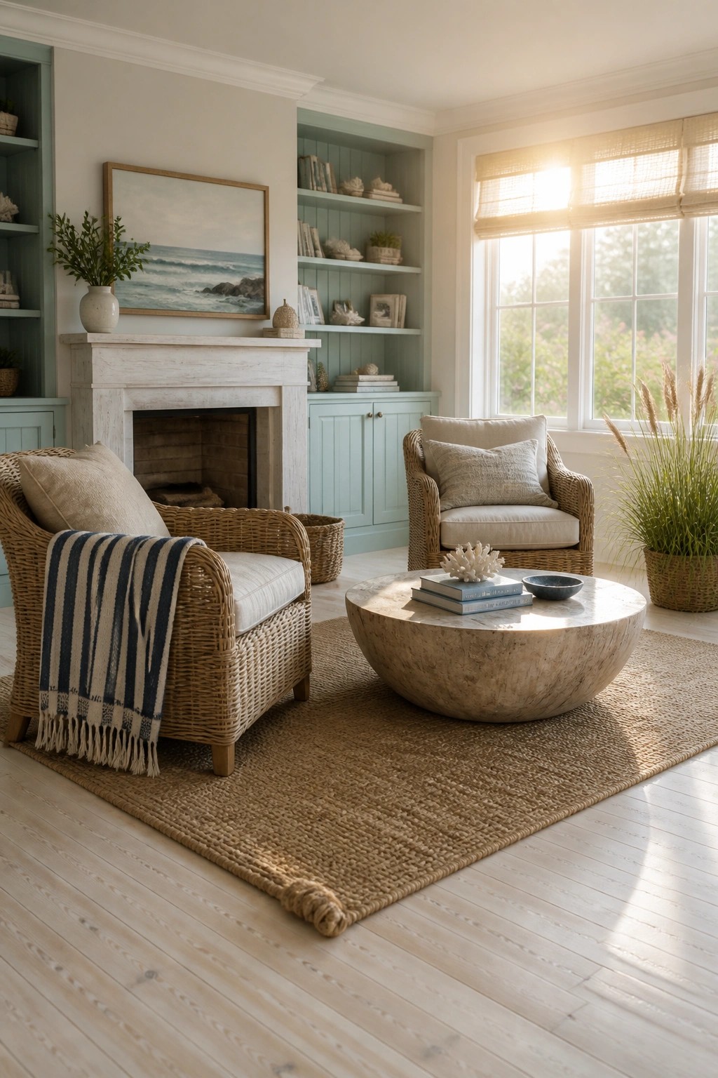 A living room with light wood flooring, a white fireplace mantel, built-in shelves painted light blue-green, two wicker armchairs, and a round stone coffee table on a woven rug.