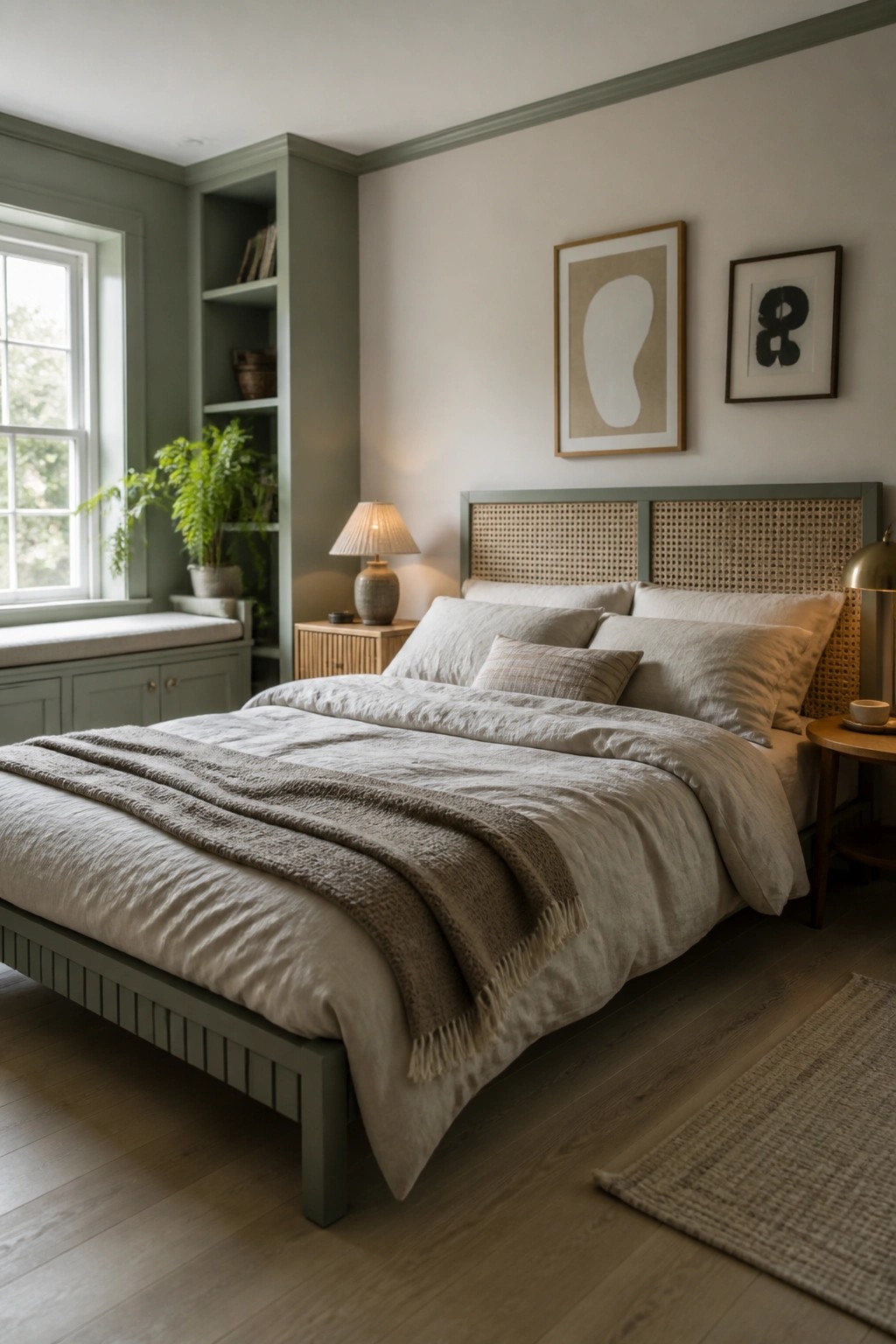 A bedroom featuring a bed with neutral linens, a sage green bed frame and built-in shelving along one wall, and light wood flooring.