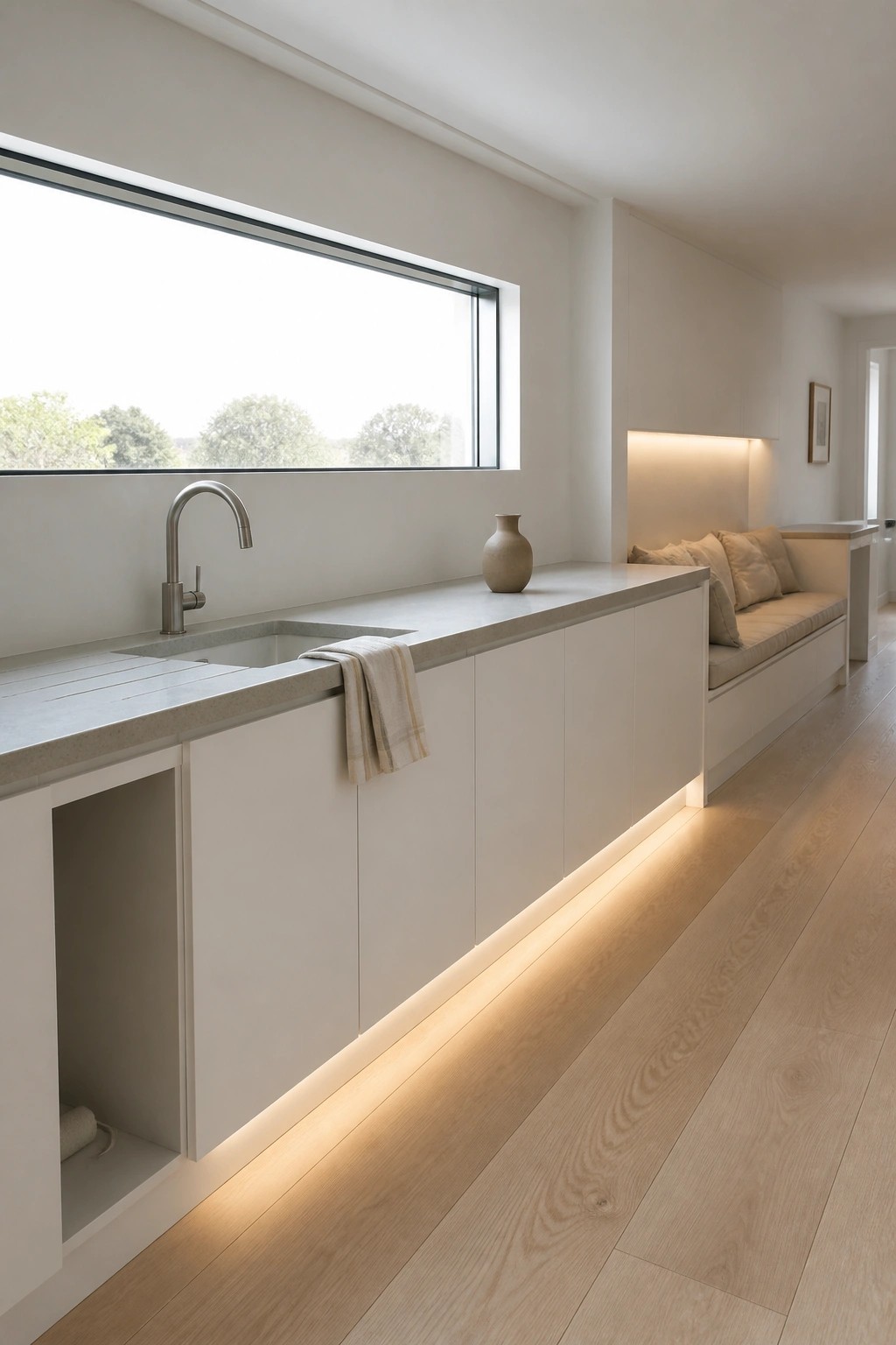 A bright kitchen interior with light wood flooring, white cabinets, a long countertop with an integrated sink, and a built-in bench under a large window.