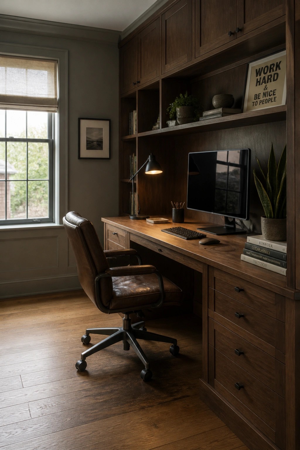 A home office featuring dark wood built-in cabinets and desk, a brown leather office chair, and medium brown wood flooring.