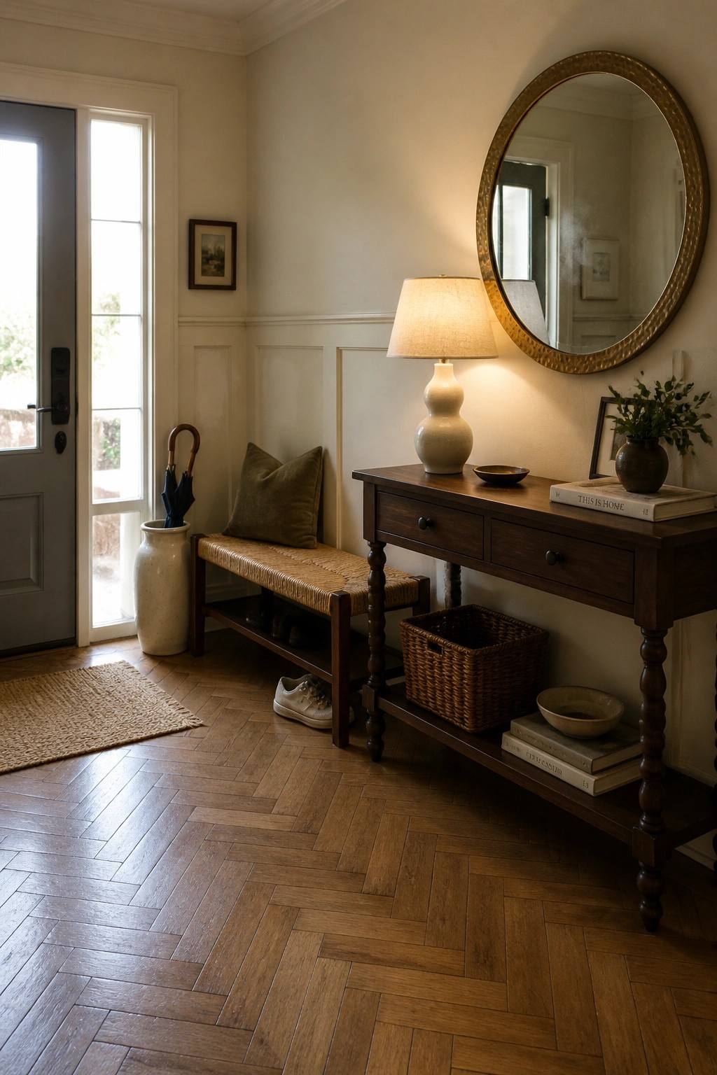 An entryway with herringbone medium brown wood flooring, a dark wood console table, a woven bench with a pillow, a round mirror, and light-colored walls and trim.
