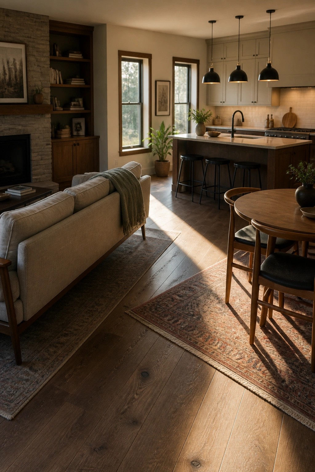 An open living and kitchen space with medium brown wood flooring, light gray cabinets, a stone fireplace, and a wooden dining table with chairs.