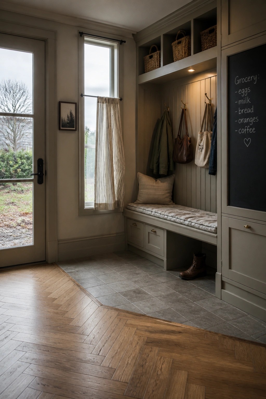 An interior entry space with herringbone wood flooring, light gray built-in cabinets and bench, a tiled section near the door, and hooks holding bags and coats.