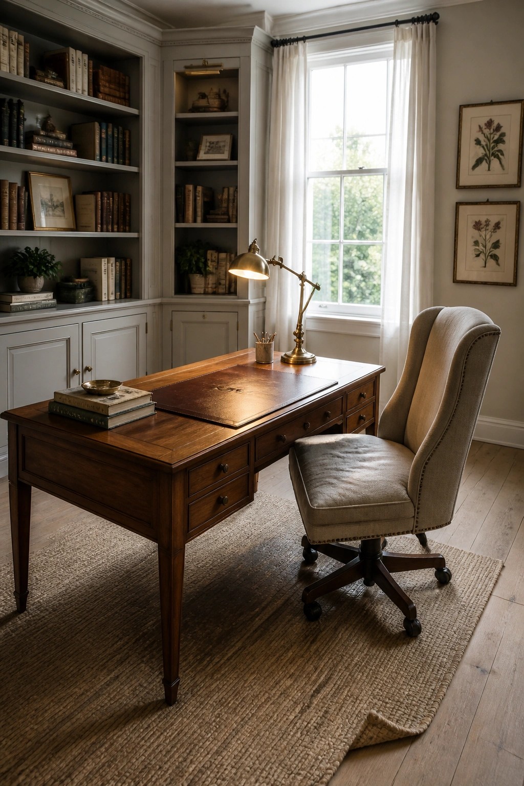 A home office featuring a dark wood desk on light wood flooring, with light gray built-in cabinets, a beige upholstered chair, and a large window with white curtains.