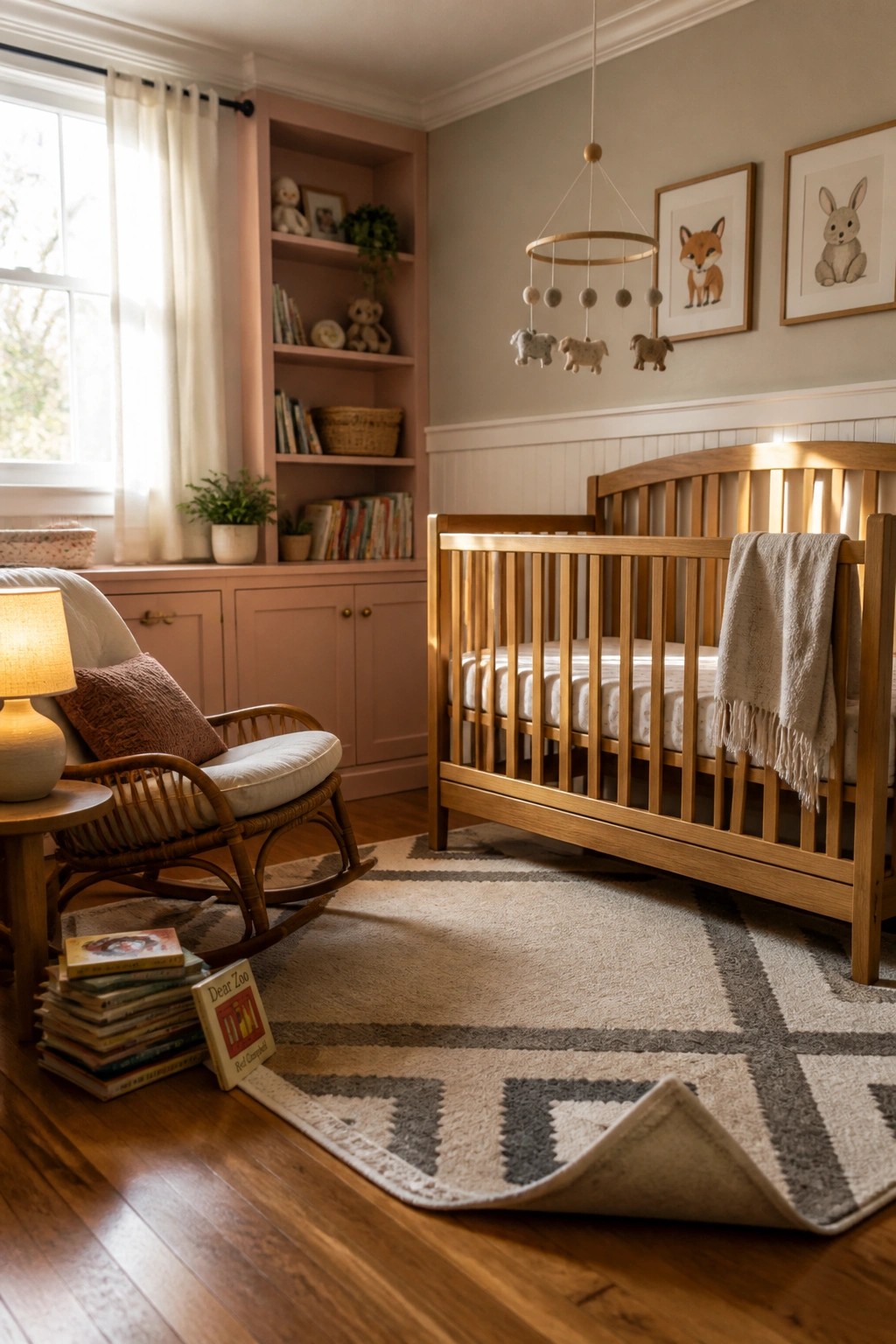 A nursery interior showing warm wood flooring, pink built-in cabinetry, a wooden crib, and a rattan rocking chair.
