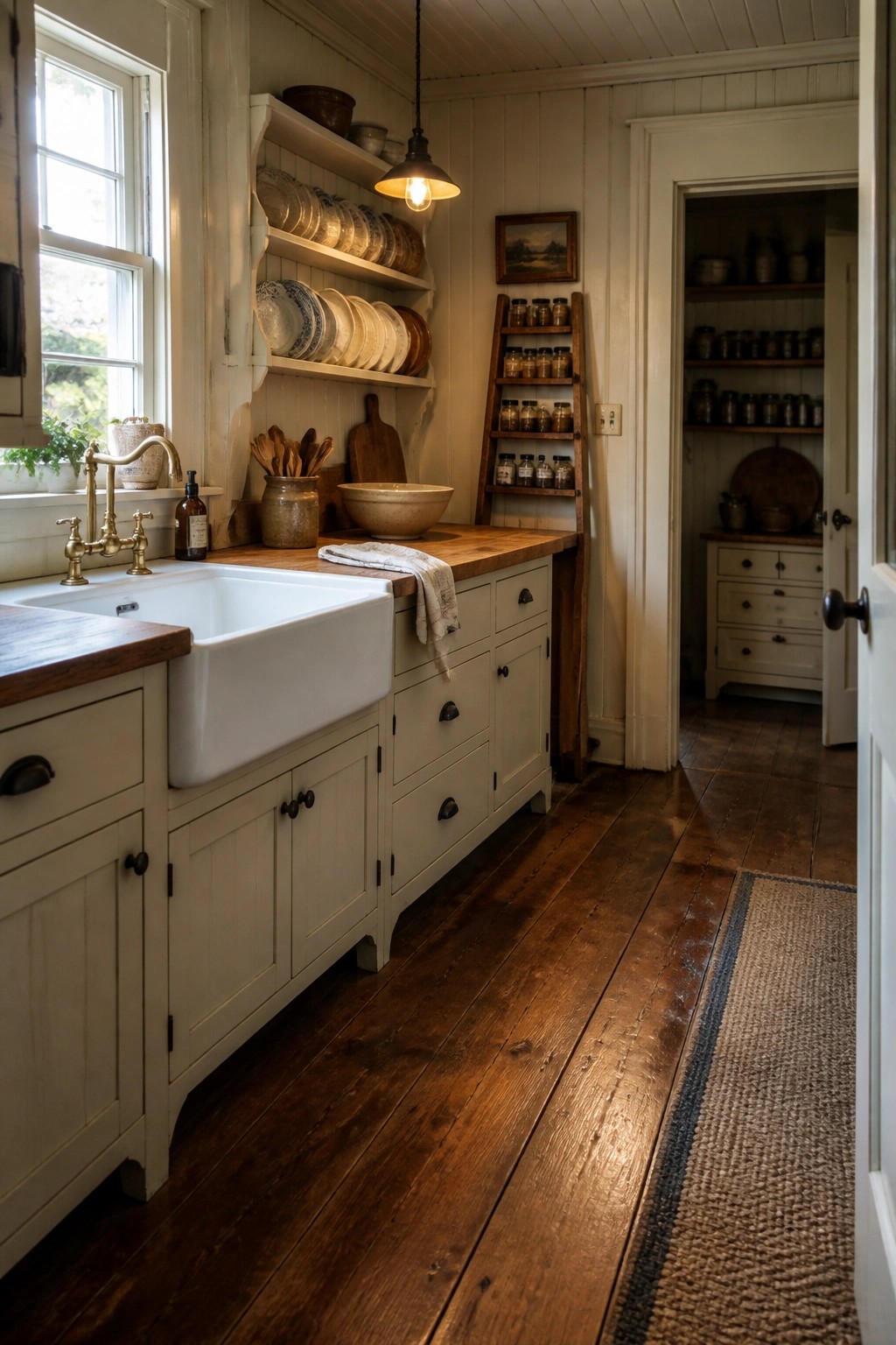 A kitchen interior with white painted cabinets, a white farmhouse sink, brass faucet, wooden countertops, and dark hardwood flooring, plus open shelving and a wooden ladder holding jars.