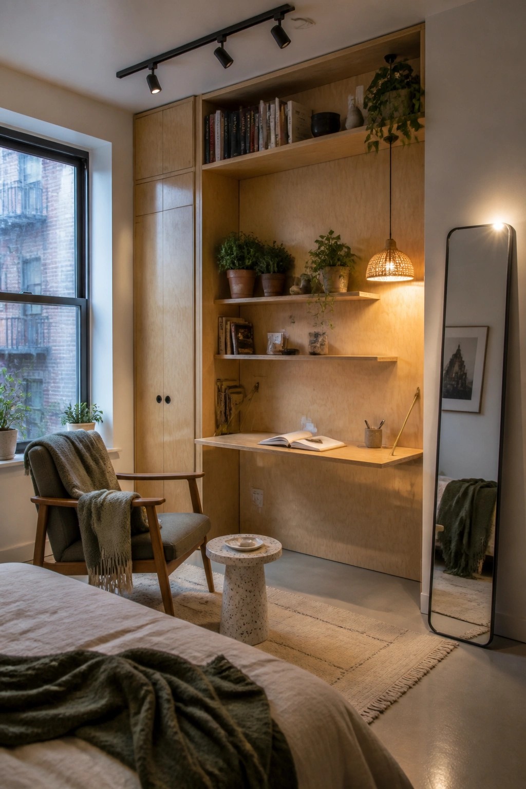 A bedroom corner with a light wood built-in wall unit featuring open shelves, a desk surface holding an open book, potted plants, and a hanging woven lamp, next to a tall mirror.