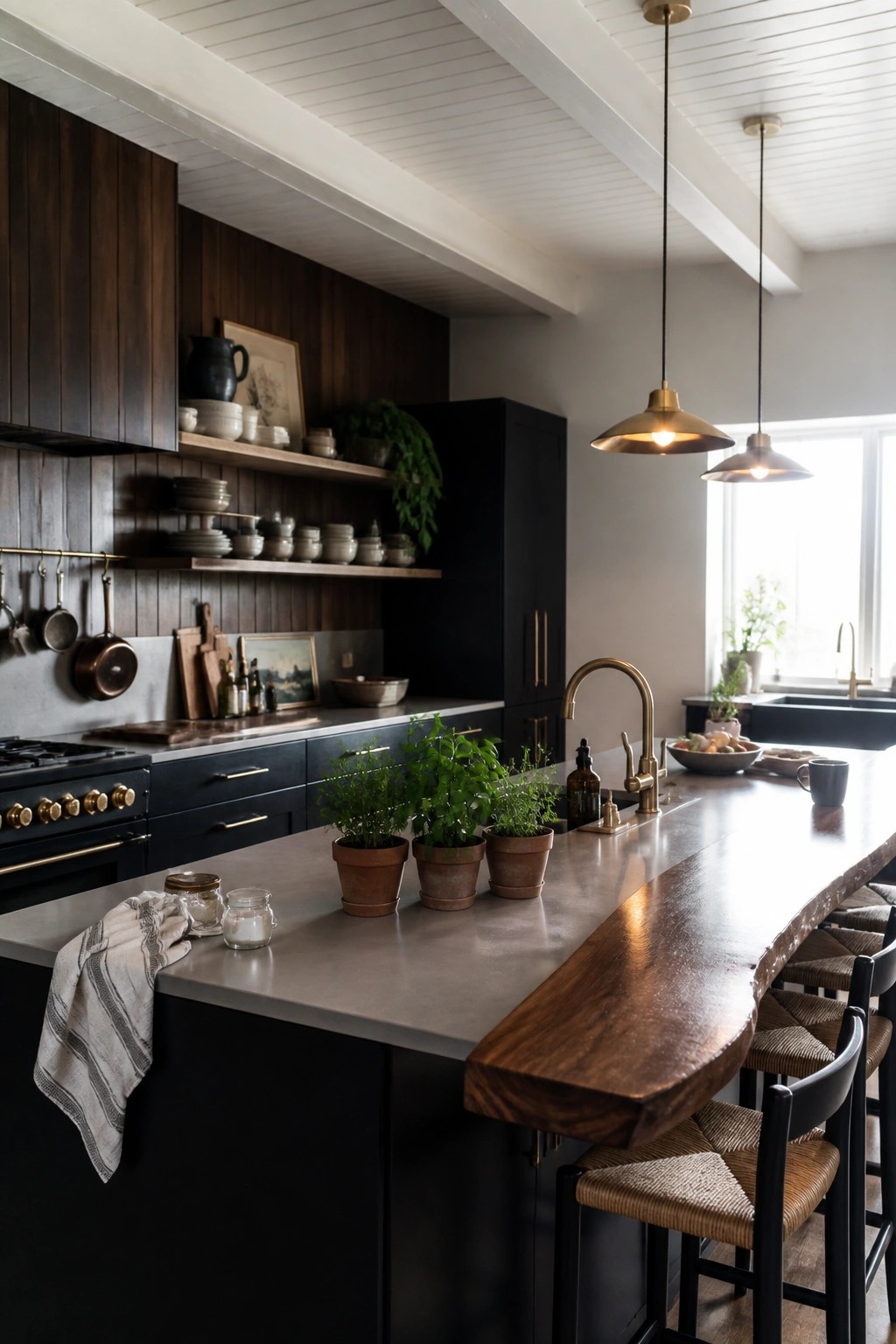 A modern kitchen with a dark vertical wood accent wall behind open shelves, black cabinets, a concrete and wood island, and brass pendant lights.