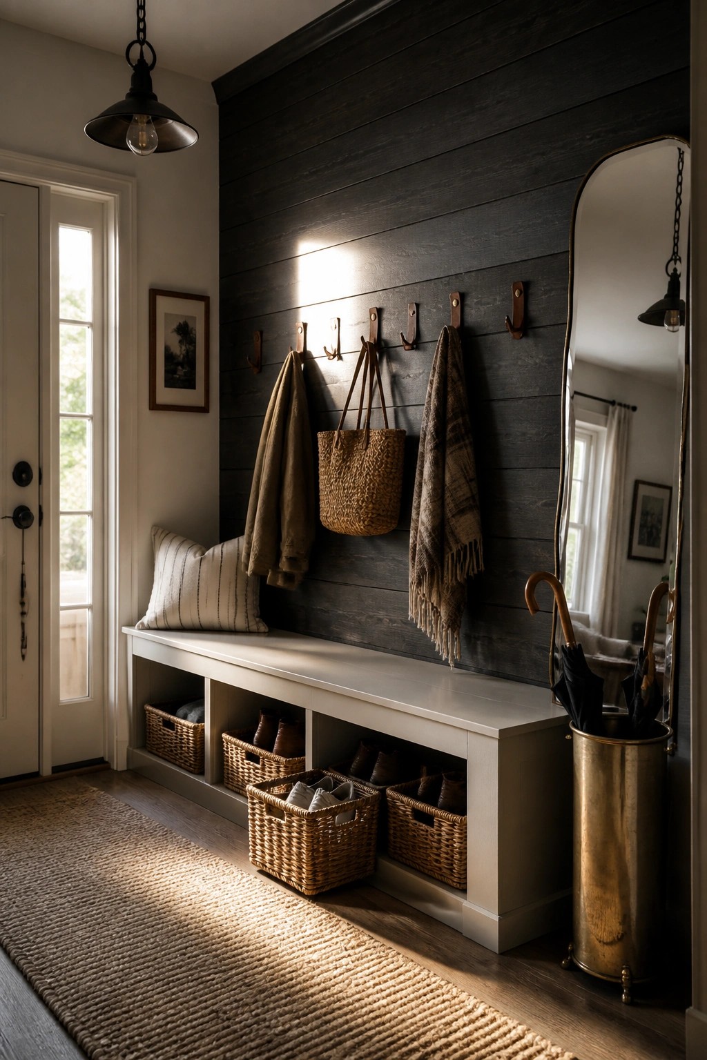 A mudroom featuring a dark horizontal wood plank accent wall with hooks, a built-in white bench with storage baskets, and a tall mirror beside an umbrella stand.