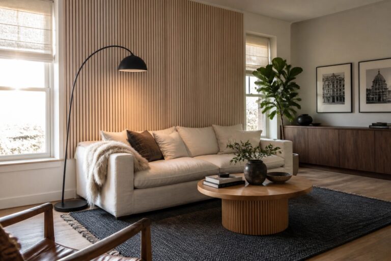 19 Beautiful Wood Accent Wall Ideas That Create a Strong Focal Point A living room featuring a white sofa positioned in front of a tall vertical wood slat accent wall, with a black arc floor lamp and round wood coffee table visible.