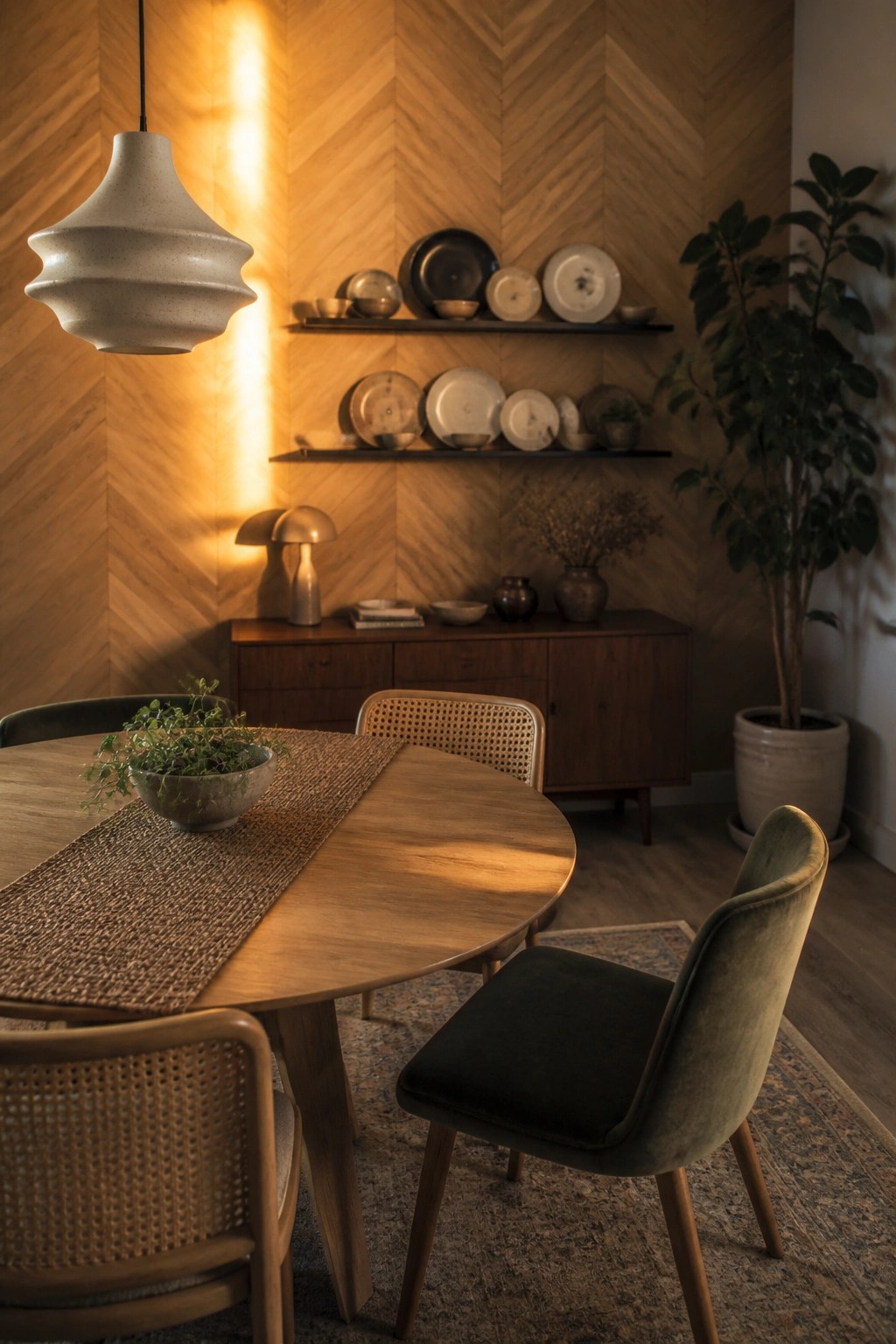 A dining room with a herringbone wood accent wall, floating shelves holding plates and ceramics, a round wooden table with woven chairs, and a potted plant in the corner.