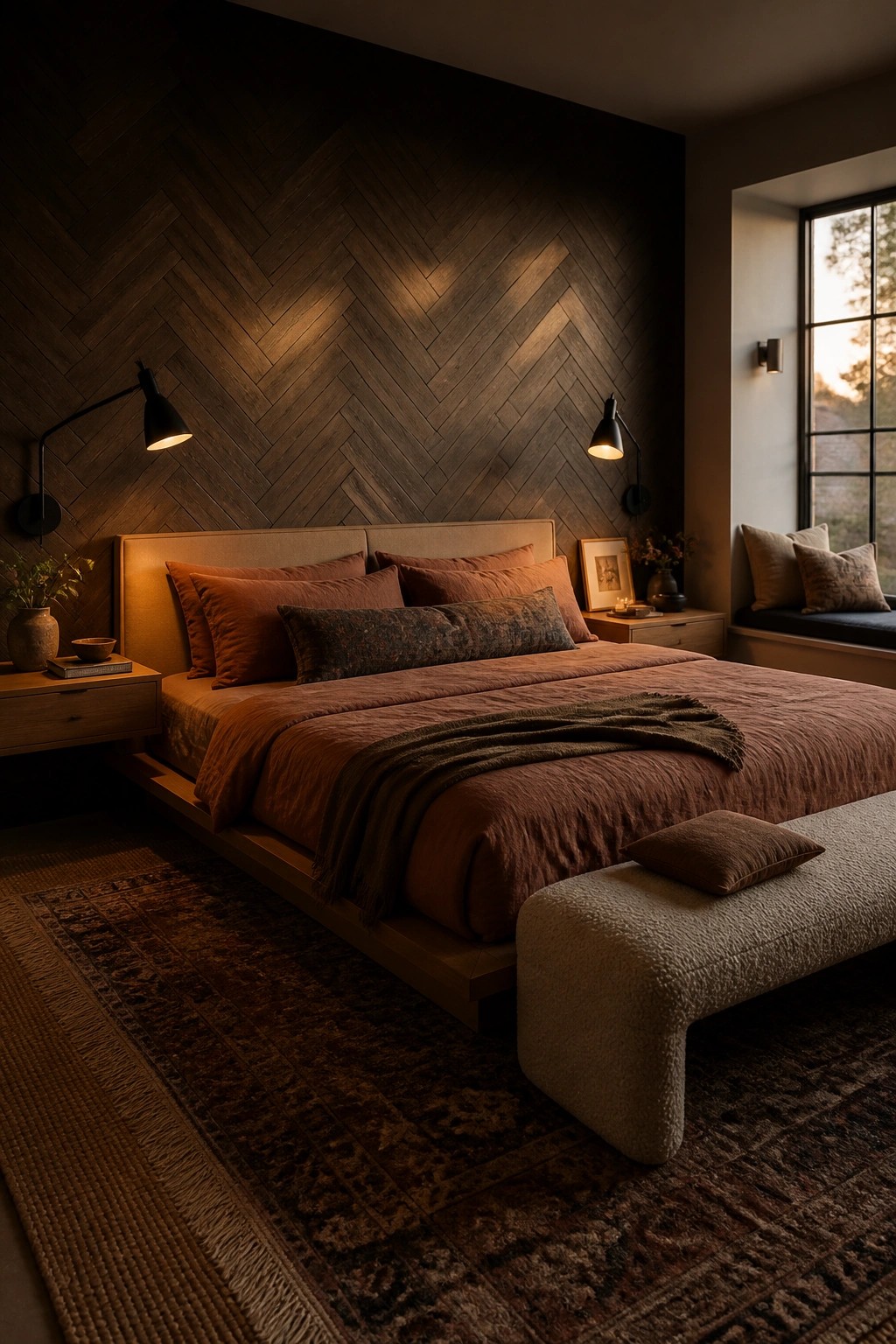 A bedroom featuring a dark herringbone wood accent wall behind a bed with rust-colored linens, flanked by two black wall sconces.