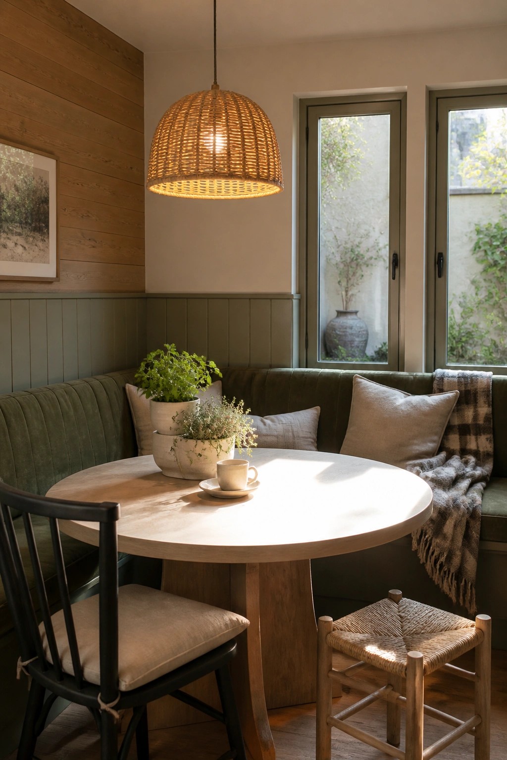 A dining nook with a round wooden table, green velvet banquette, black chair, woven pendant light, and a horizontal wood plank accent wall above green wainscoting.