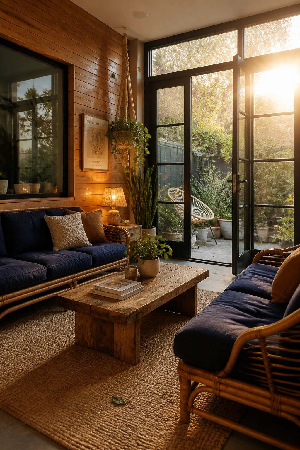A living room with a blue sofa against a wall of horizontal wooden planks, rattan furniture, and open glass doors to a garden.