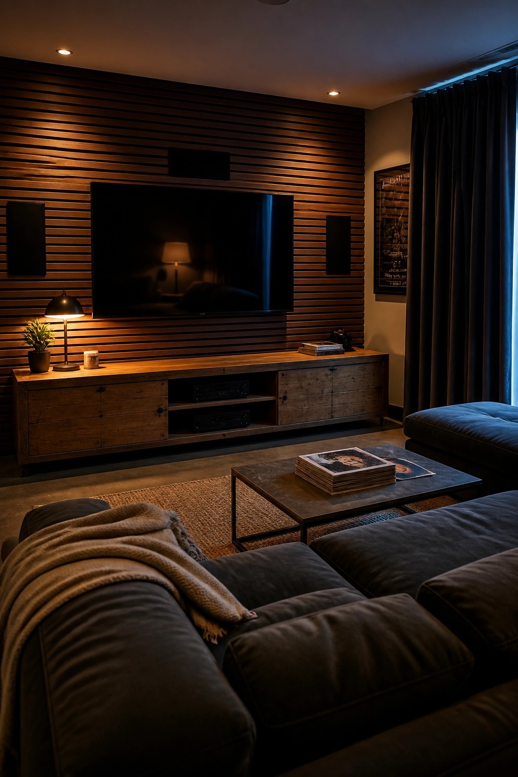 A living room featuring a dark horizontal wood slat accent wall with a large mounted television, speakers, and a wooden media console below.