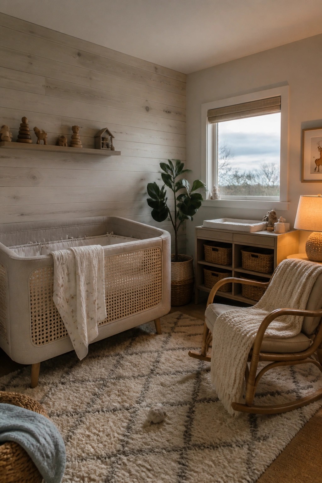 A nursery interior with a light wood horizontal plank accent wall behind a beige crib with cane sides, a rocking chair with a blanket, a potted plant, and a changing table under a window.