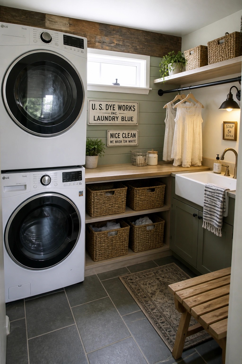 Stacked LG washer and dryer in rustic laundry room with sink and baskets.