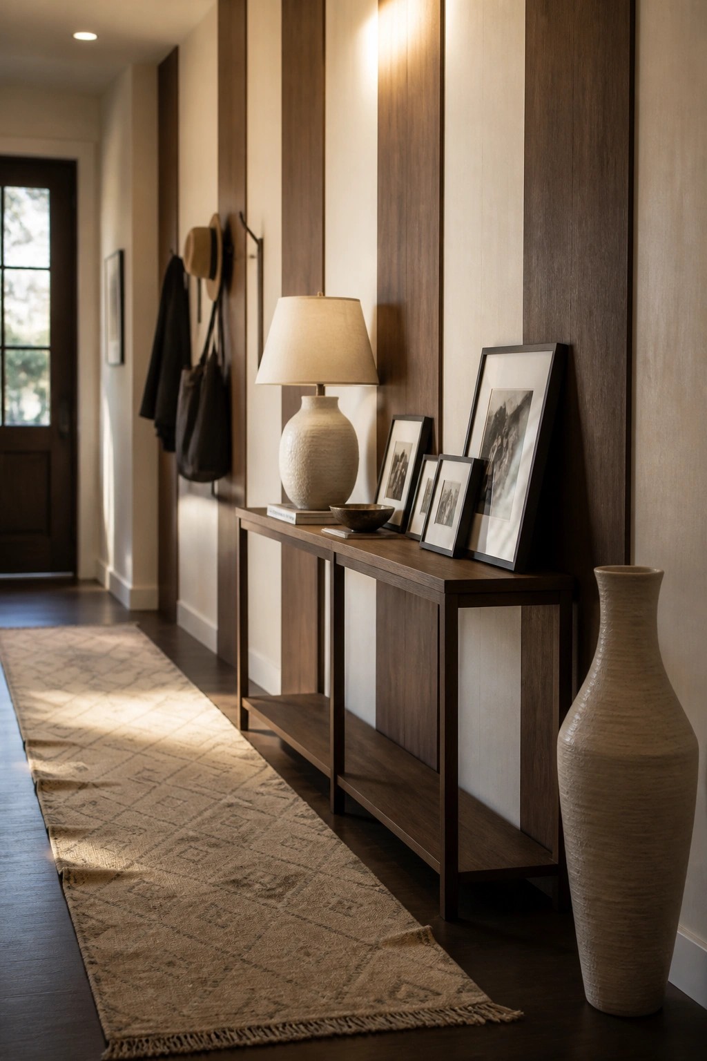A long hallway featuring a vertical wood accent wall behind a wooden console table with a lamp and leaning framed photos.