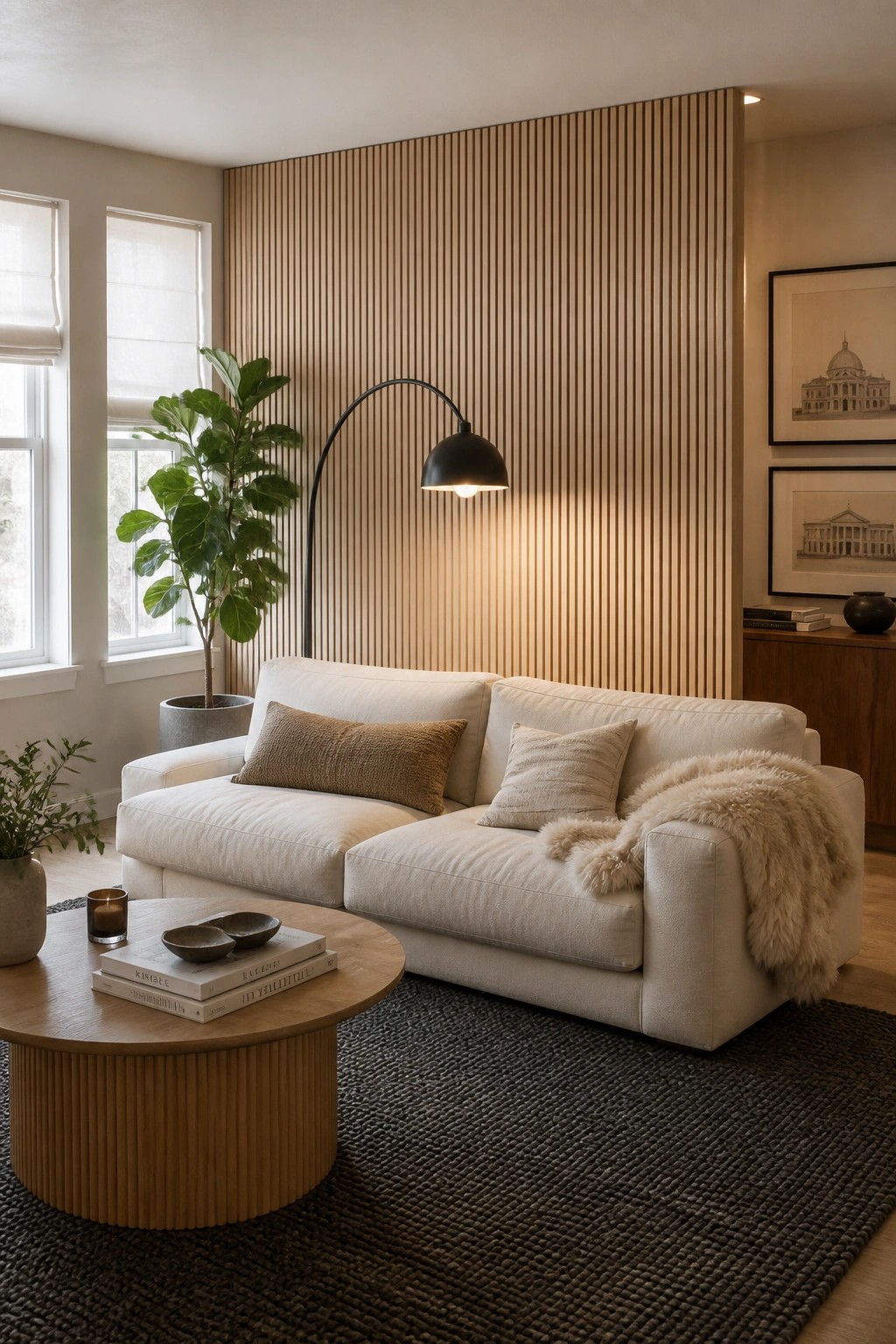 A living room featuring a white sofa positioned in front of a tall vertical wood slat accent wall, with a black arc floor lamp and round wood coffee table visible.