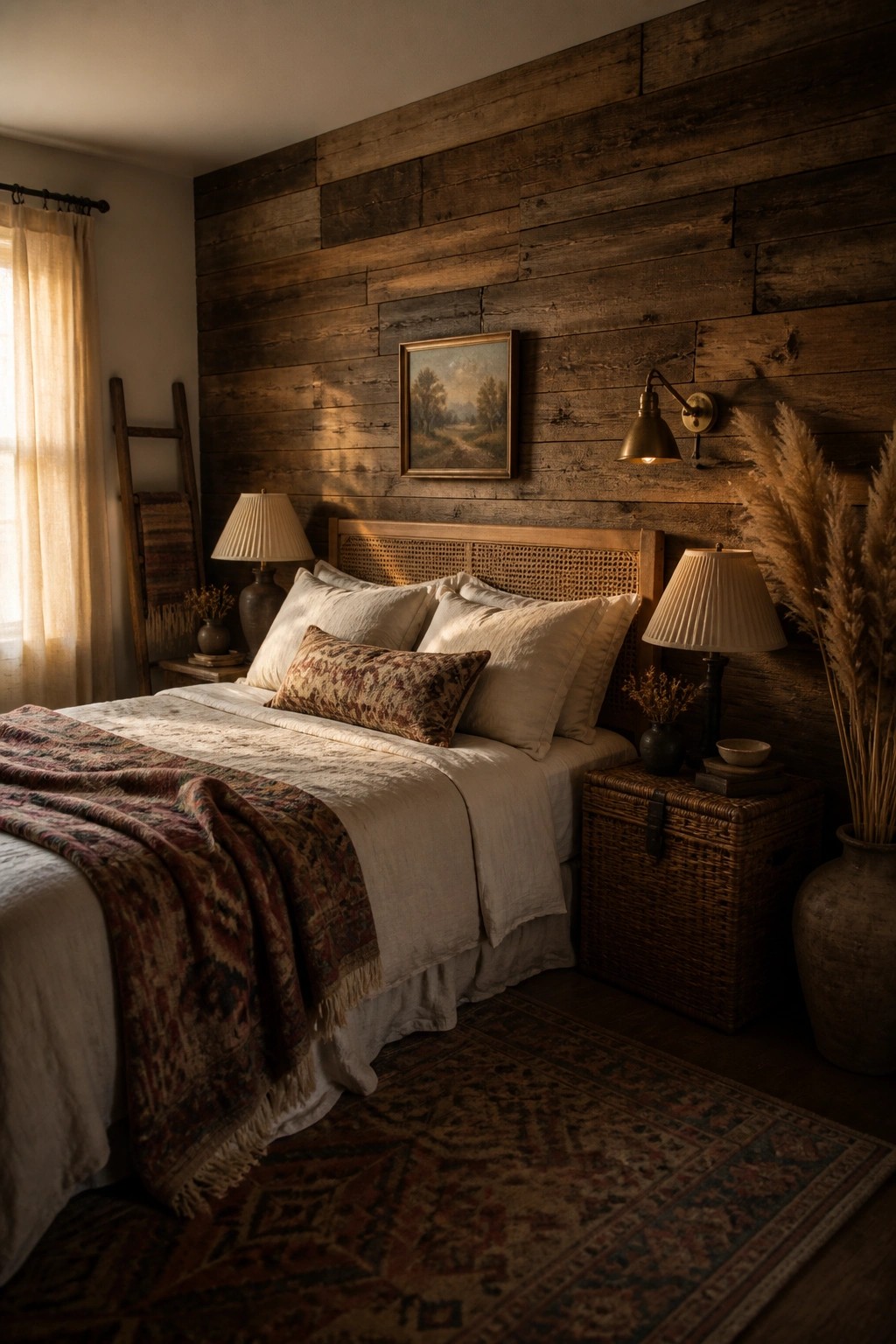 A bedroom featuring a full wall of horizontal reclaimed wood planks behind a bed with a woven headboard, white linens, patterned pillows, and two table lamps.