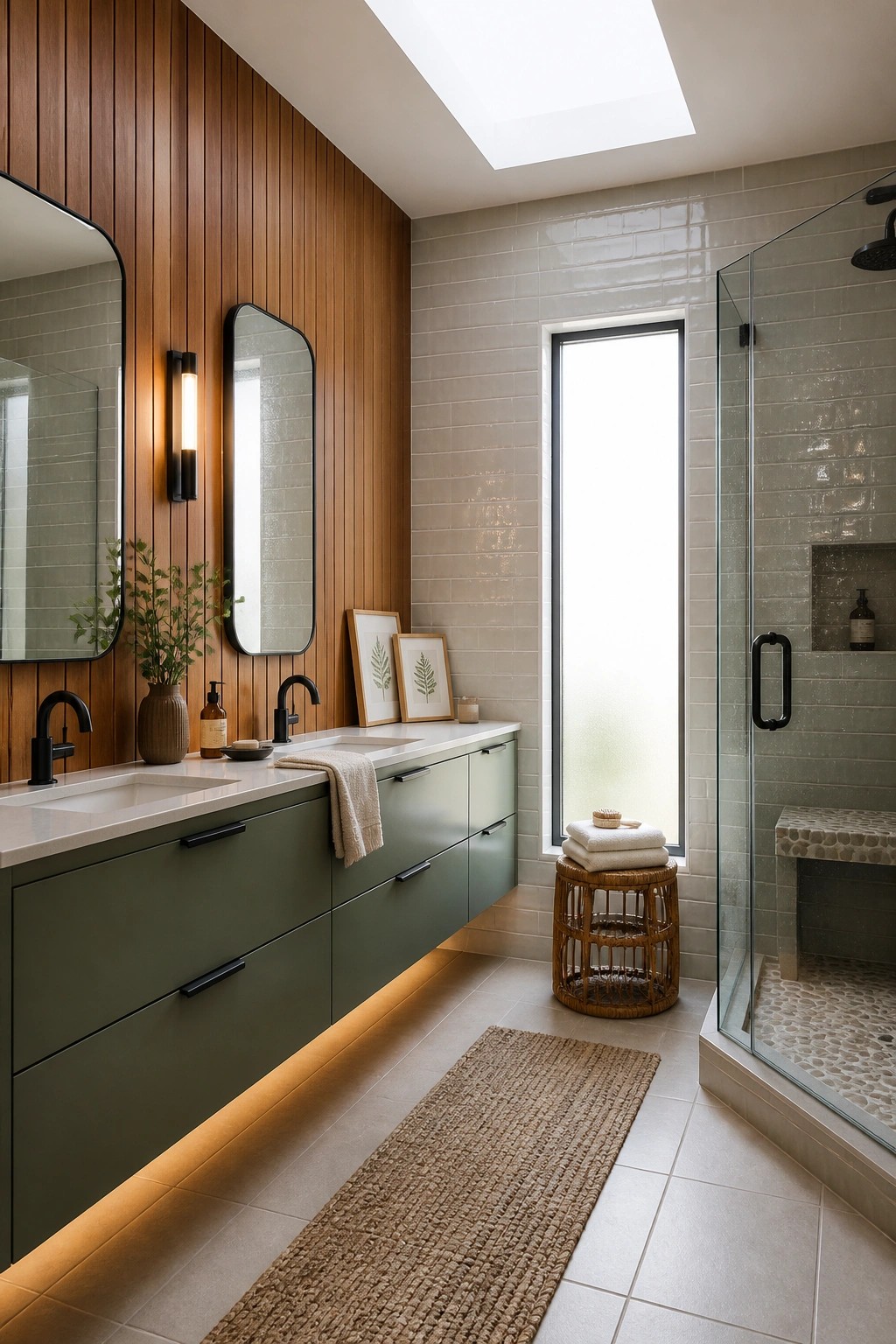 A bathroom interior with a vertical wood slat accent wall behind a floating green vanity, two mirrors, and a glass shower enclosure to the right.
