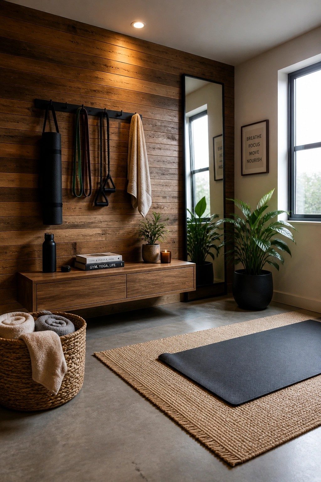 A room with a horizontal wood plank accent wall featuring a black rail holding yoga straps and a towel, a floating wood console below, a yoga mat on a jute rug, and several potted plants.