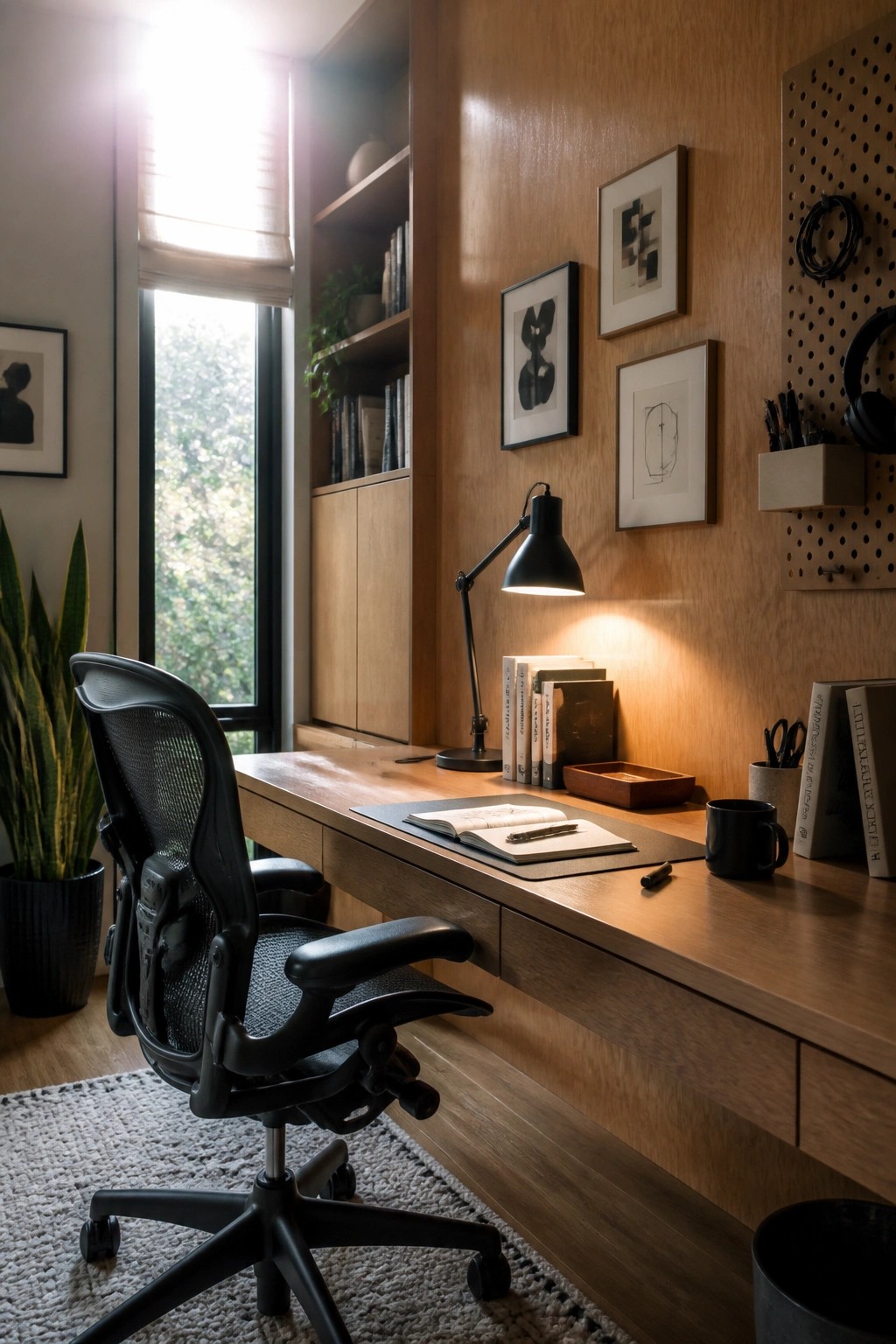 A home office featuring a long wooden desk set against a full wood accent wall, with a black mesh office chair, an open notebook, and a lit black desk lamp.