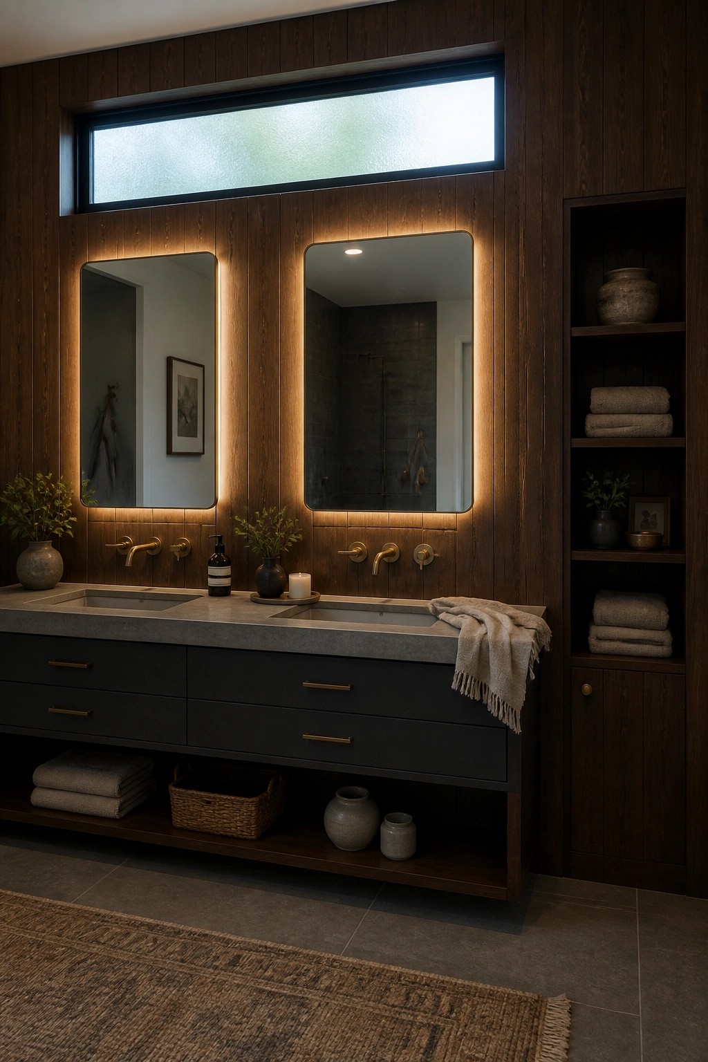 A bathroom with dark vertical wood paneling on the wall behind a double vanity, two backlit mirrors, and open shelving on the right.