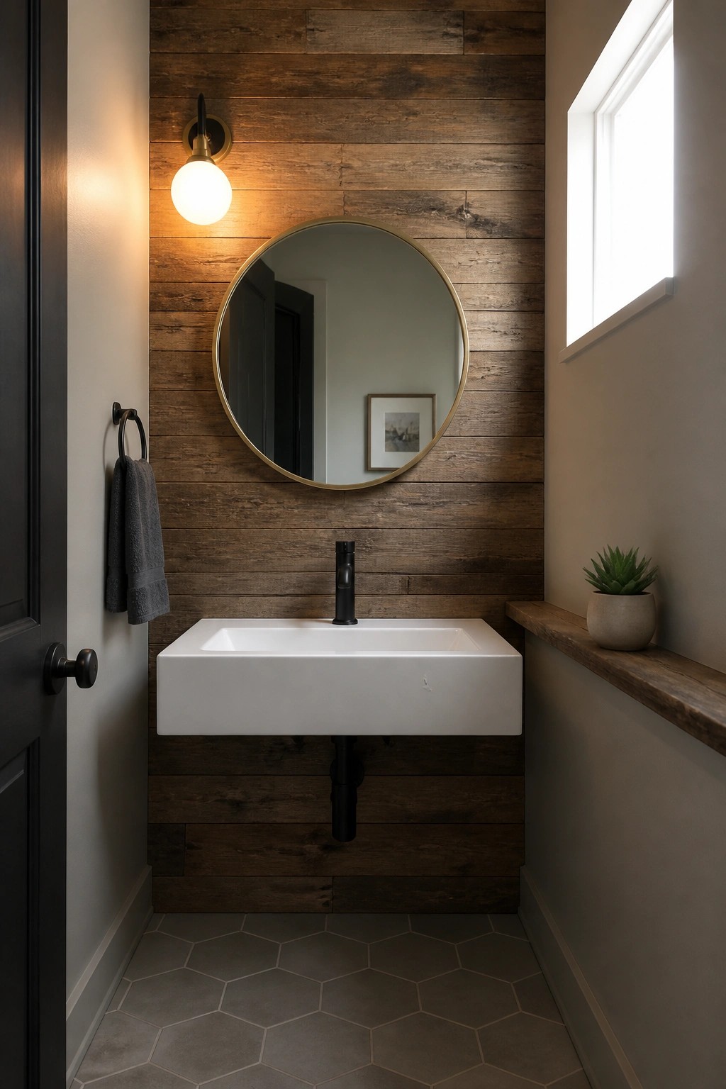 A small bathroom featuring a white floating sink on a vertical wood plank accent wall, with a round mirror, black faucet, and gray hexagonal floor tiles.