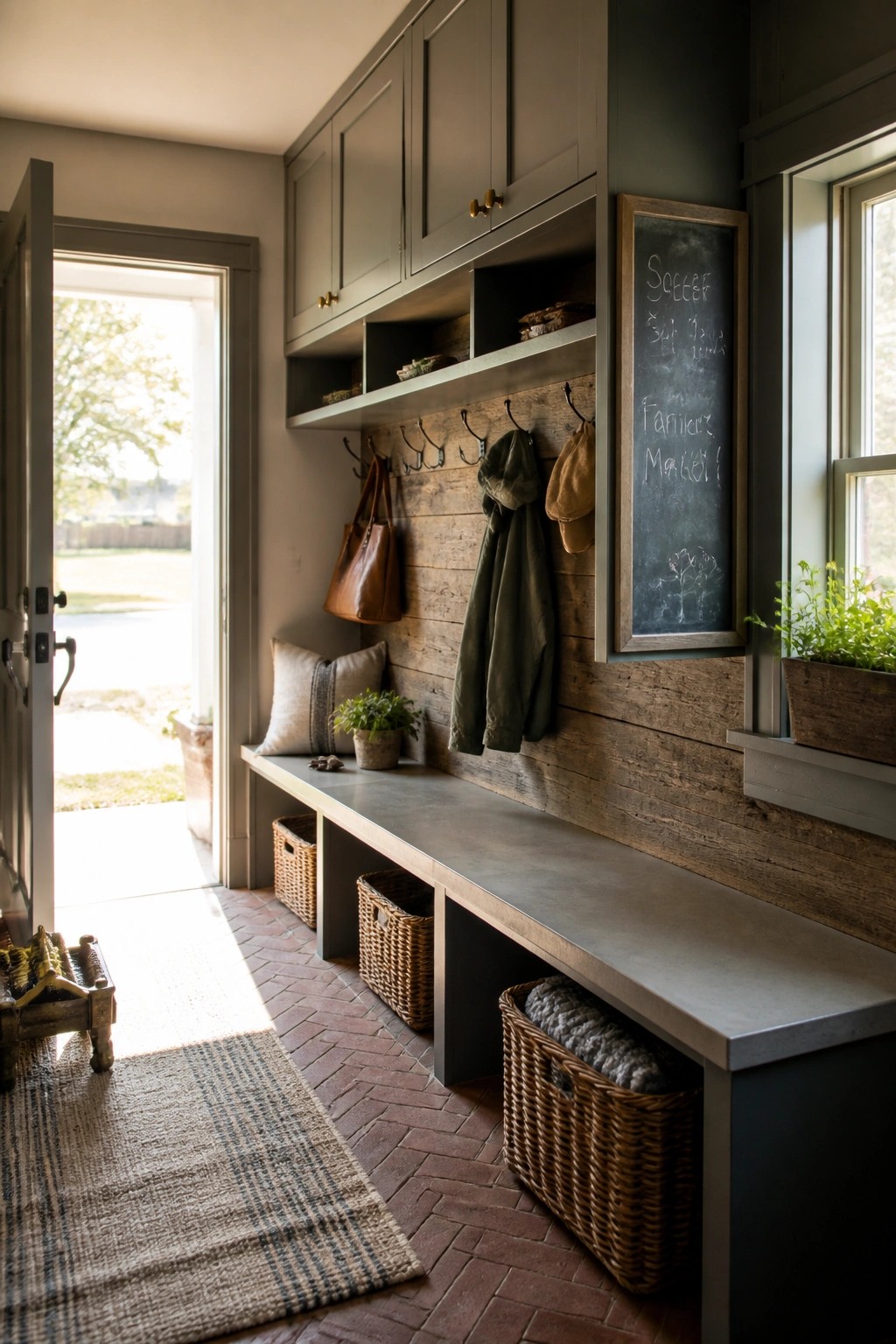 Interior mudroom view showing a horizontal wood plank accent wall with hooks, a long bench with storage baskets, upper cabinets, and a chalkboard panel.