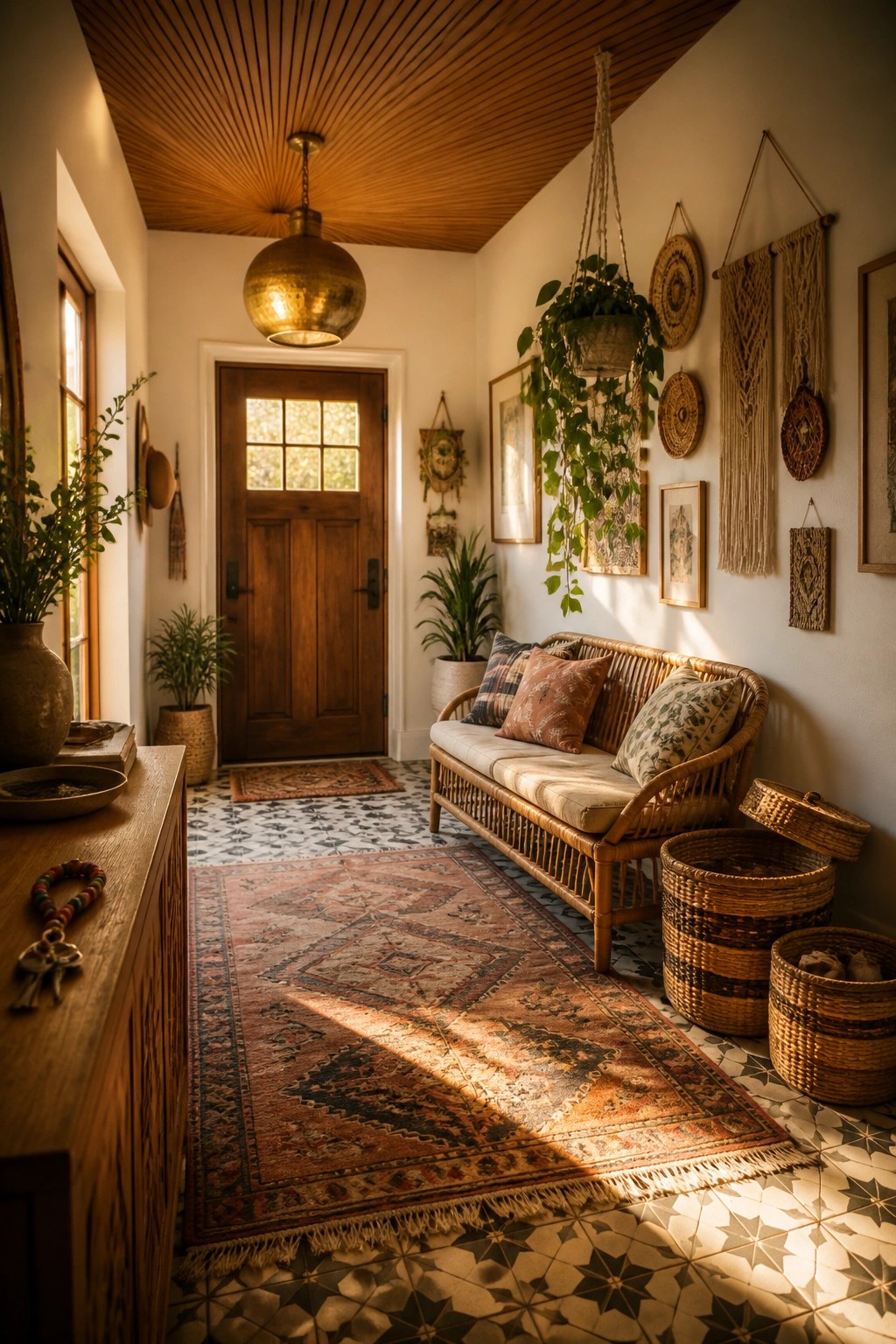 An interior entryway featuring a wood slat ceiling arranged in a radial pattern, a wooden front door, a rattan sofa with pillows, layered rugs on patterned tile, and hanging plants with woven wall decor.
