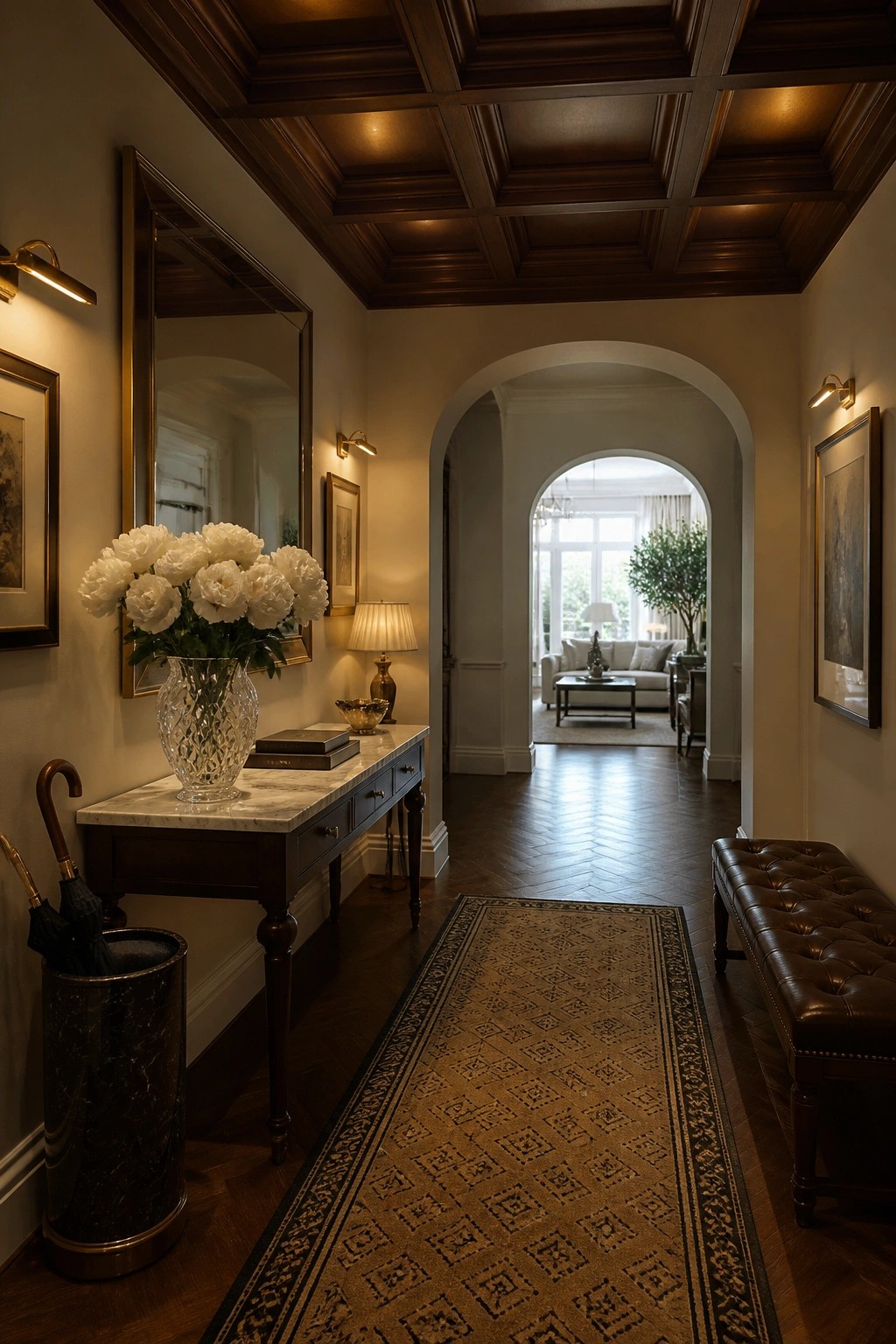 A long entry hallway with a dark wood coffered ceiling, a marble-top console table holding white flowers and books, wall sconces, and a patterned runner rug leading toward an arched opening.