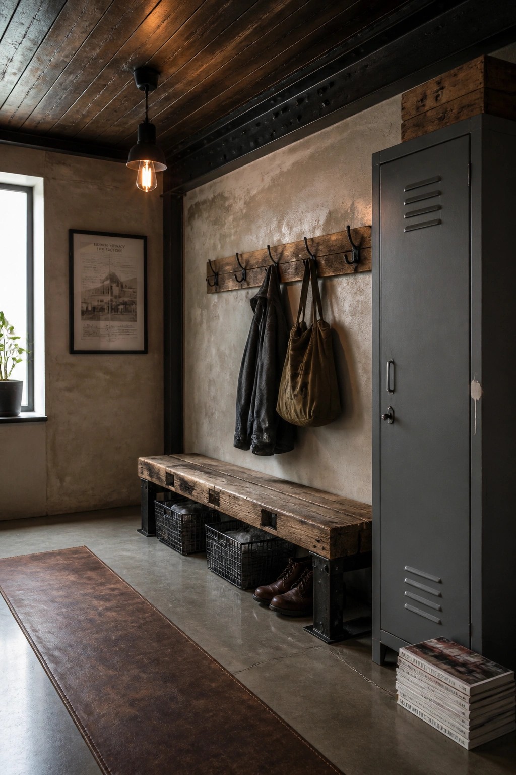 An entryway with a dark wood plank ceiling, a long rustic bench beneath wall hooks, a tall gray metal locker, and a leather runner on the concrete floor.