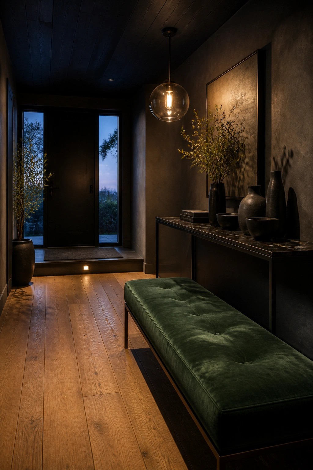 A narrow interior entryway with dark wood plank ceiling, light wood flooring, a long green velvet bench, a dark console table holding vases and bowls, and a glass globe pendant light.
