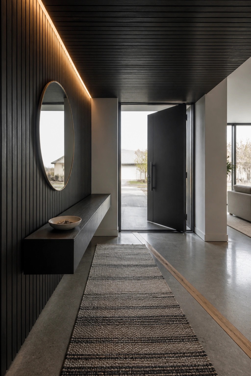 A modern entryway featuring a dark wood slat ceiling, vertical wood wall panels with backlighting, a round mirror, a floating bench with a bowl, a woven runner on concrete flooring, and an open black door leading outside.